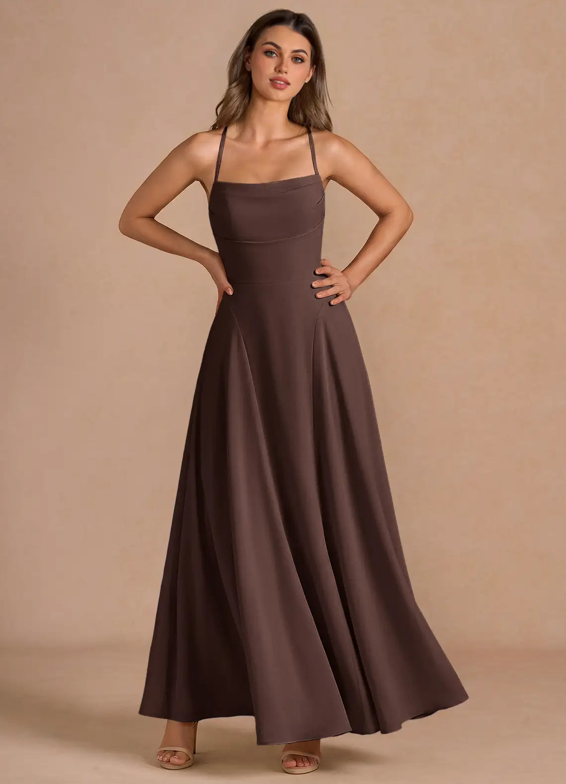 Chocolate Thin Spaghetti Strap Cowl Cross Lace Up Pocket Satin Maxi Bridesmaid Dress