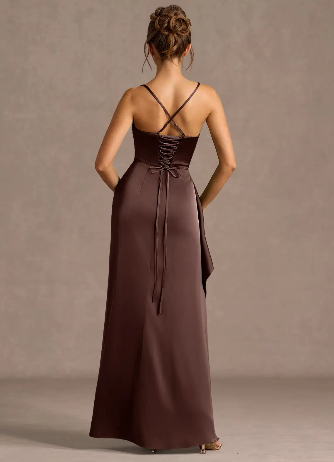 Chocolate Thin Spaghetti Strap Cowl Ruched High Slit Corset Maxi Satin Wedding Guest Dress