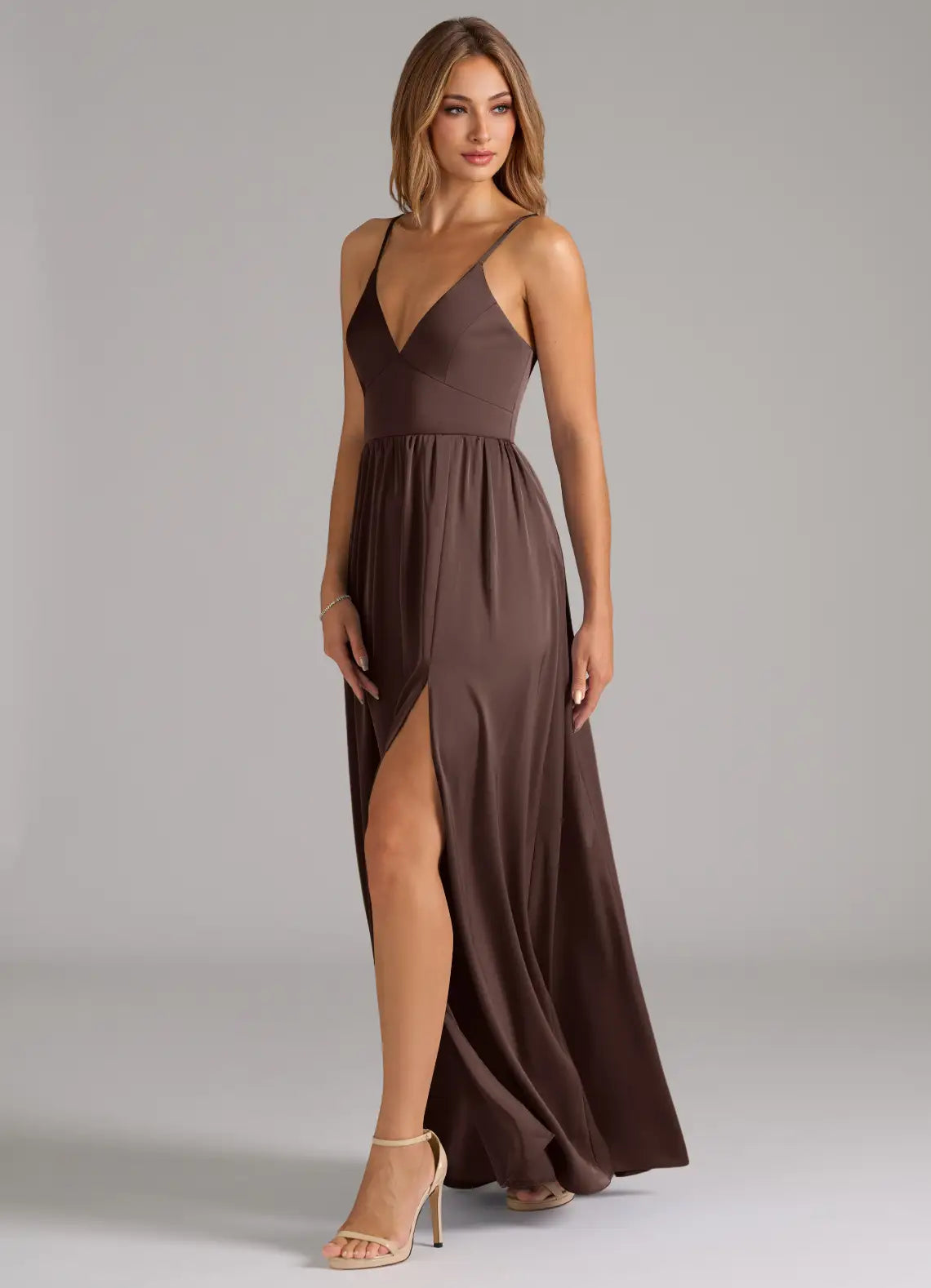Chocolate Thin Spaghetti Strap V Neck Lace Up Back High Slit A Line Satin Simple Bridesmaid Dress