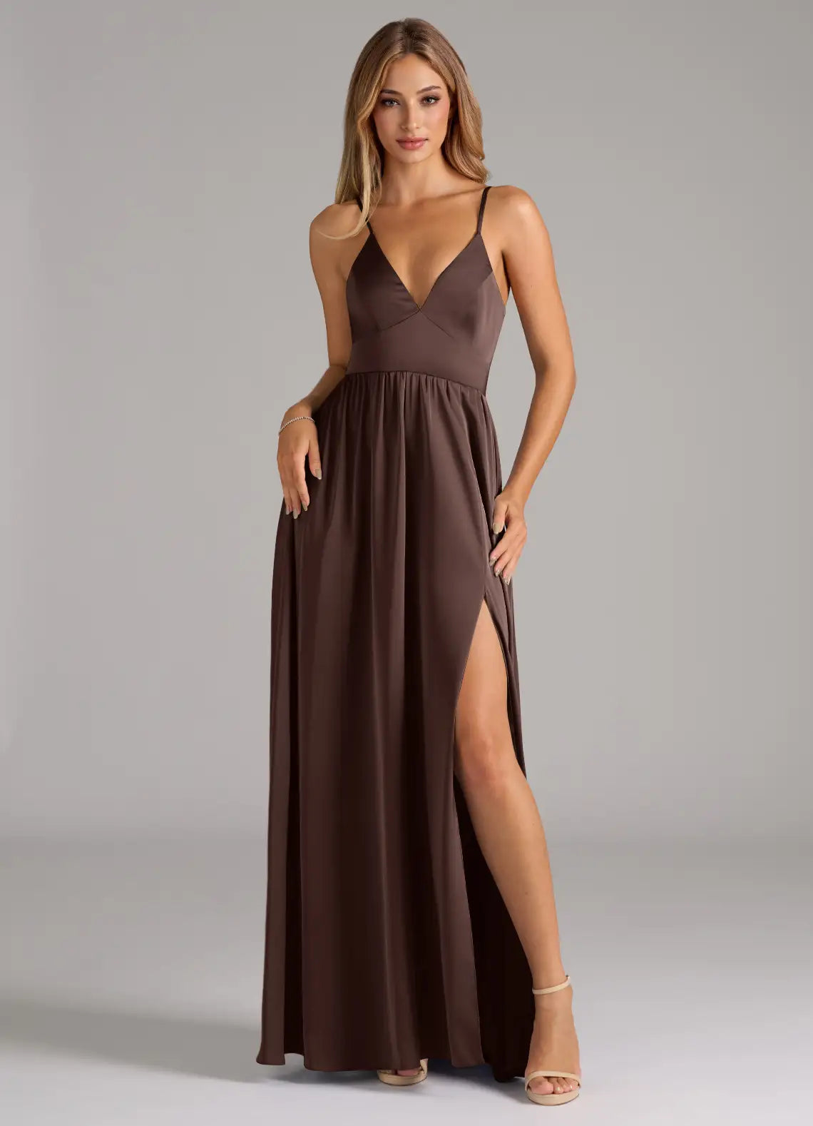 Chocolate Thin Spaghetti Strap V Neck Lace Up Back High Slit A Line Satin Simple Bridesmaid Dress