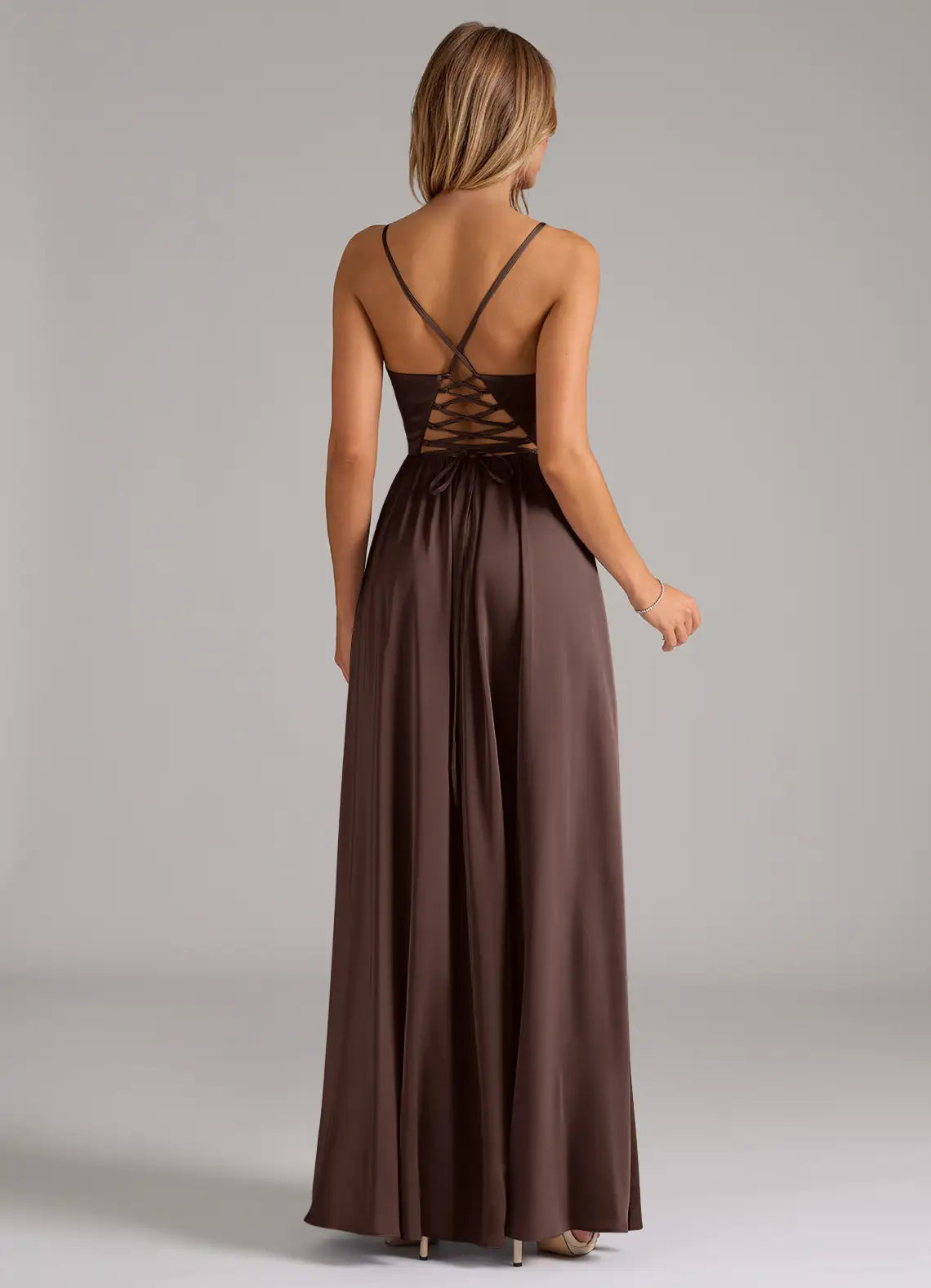 Chocolate Thin Spaghetti Strap V Neck Lace Up Back High Slit A Line Satin Simple Bridesmaid Dress