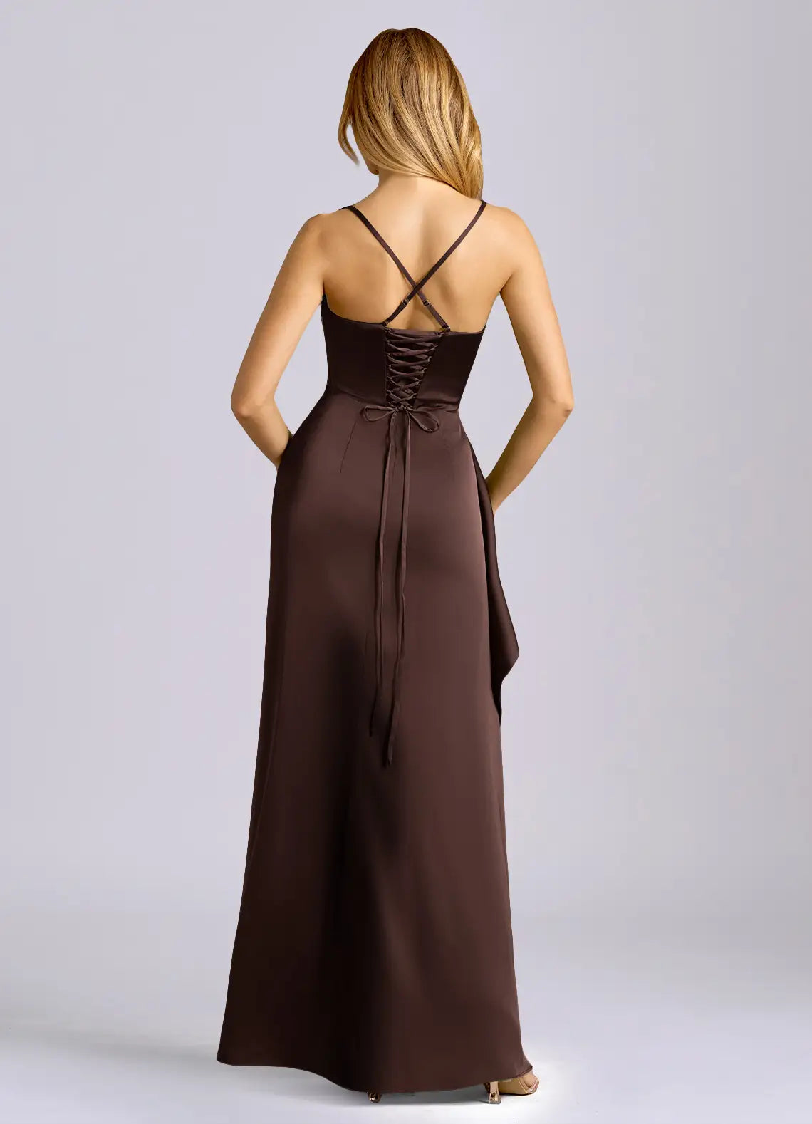 Chocolate Thin Strap Cowl Ruched Side Ruffle Slit Mermaid Maxi Satin Bridesmaid Dress