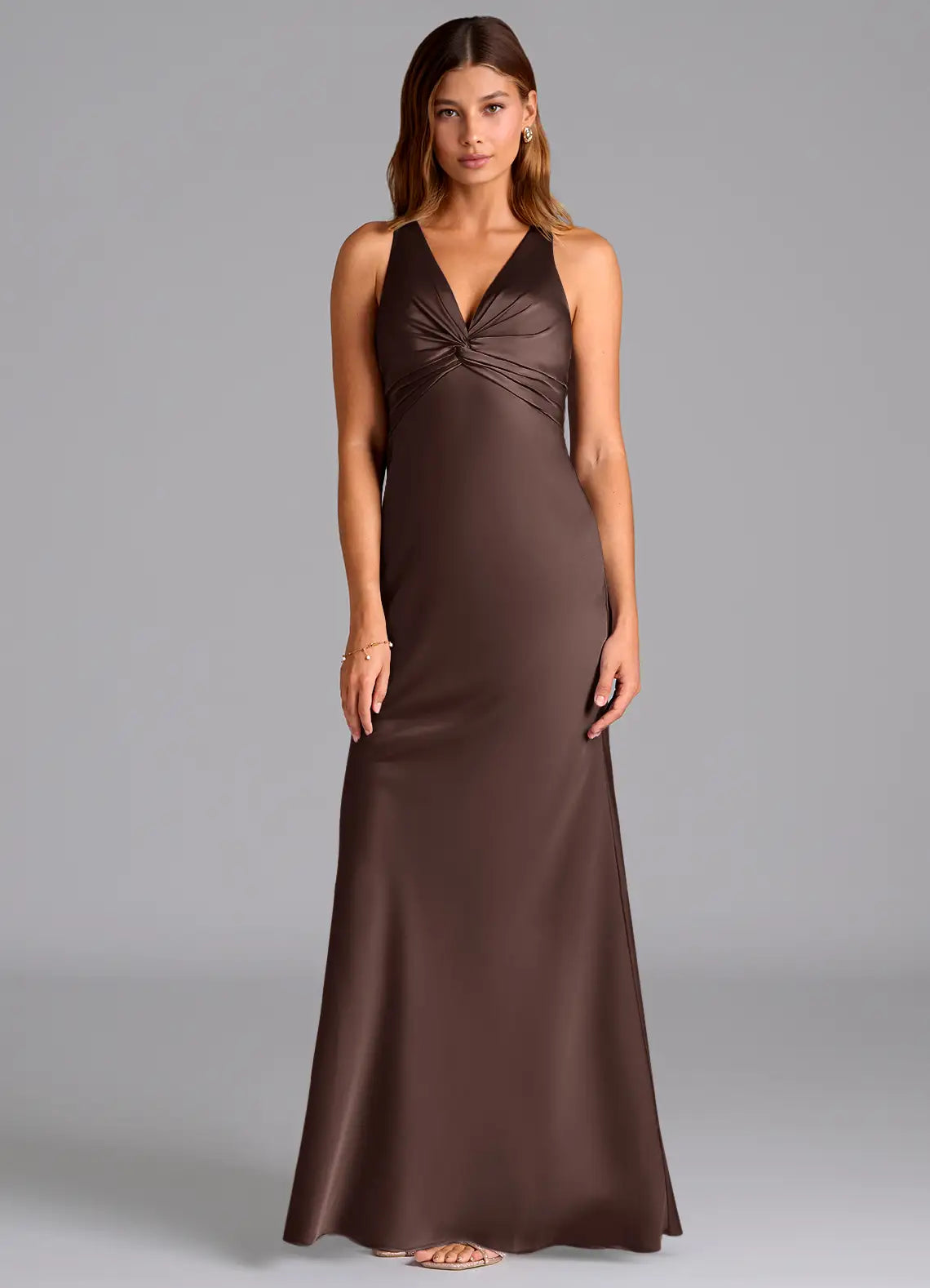 Chocolate Twist V Cross Back Bow Mermaid Maxi Satin Bridesmaid Dress