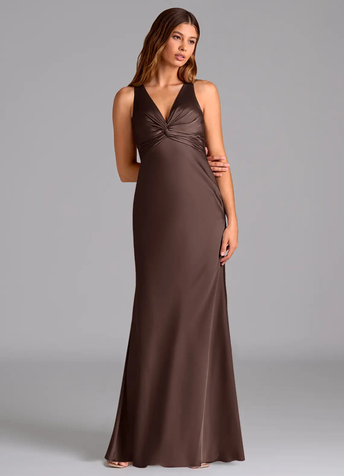Chocolate Twist V Cross Back Bow Mermaid Maxi Satin Bridesmaid Dress