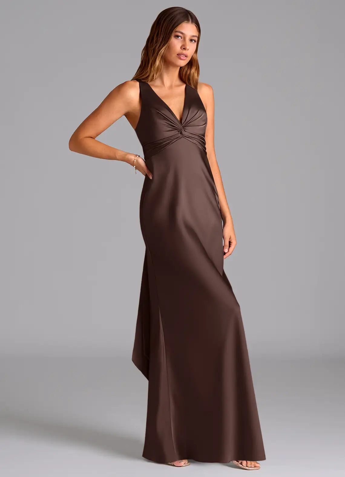 Chocolate Twist V Cross Back Bow Mermaid Maxi Satin Bridesmaid Dress