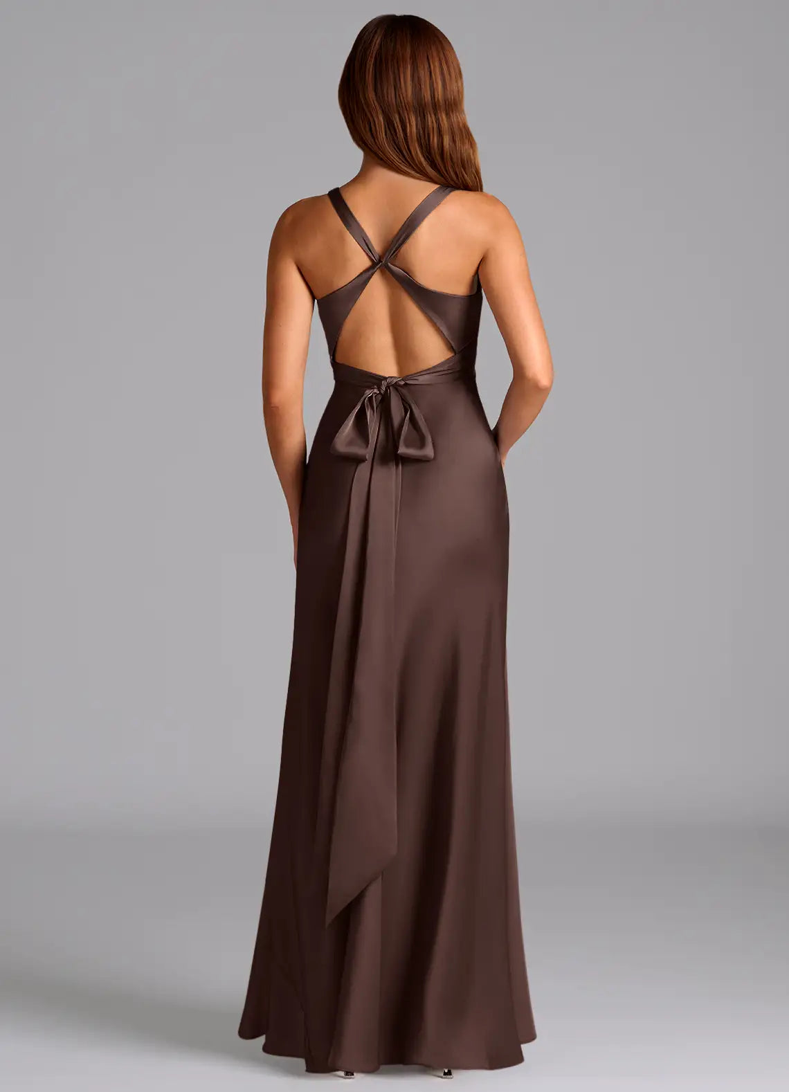 Chocolate Twist V Cross Back Bow Mermaid Maxi Satin Bridesmaid Dress