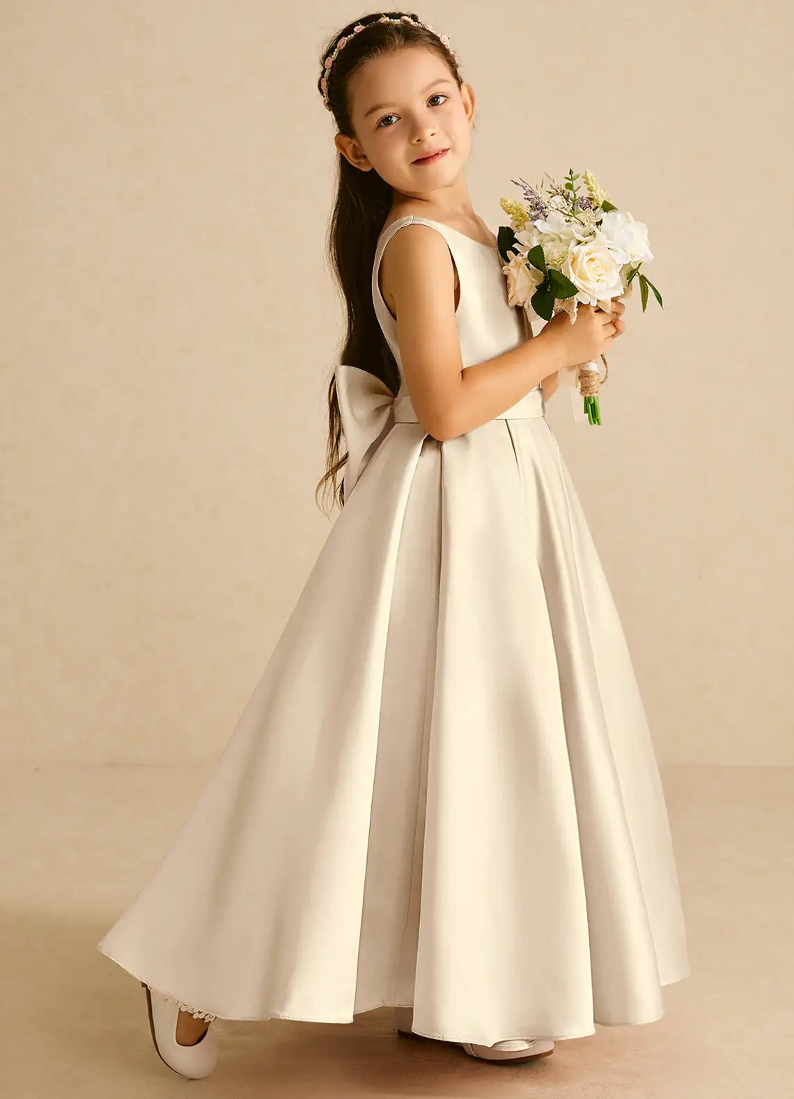 Classic A-Line Scoop Neck Sleeveless V-Back Floor-Length Formal Flower Girl Dress