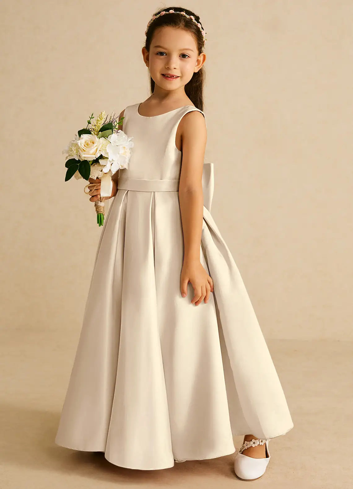 Classic A-Line Scoop Neck Sleeveless V-Back Floor-Length Formal Flower Girl Dress