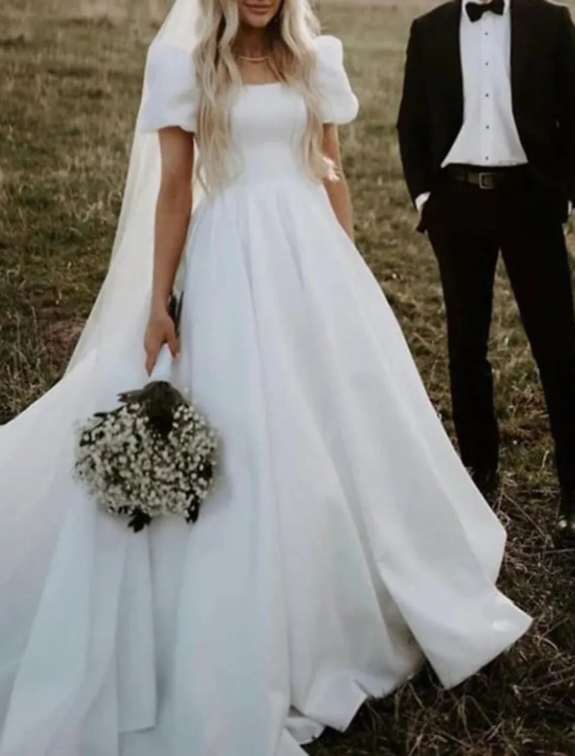 Classic A-Line Square Puff Short Sleeve Satin Floor Train Wedding Dress