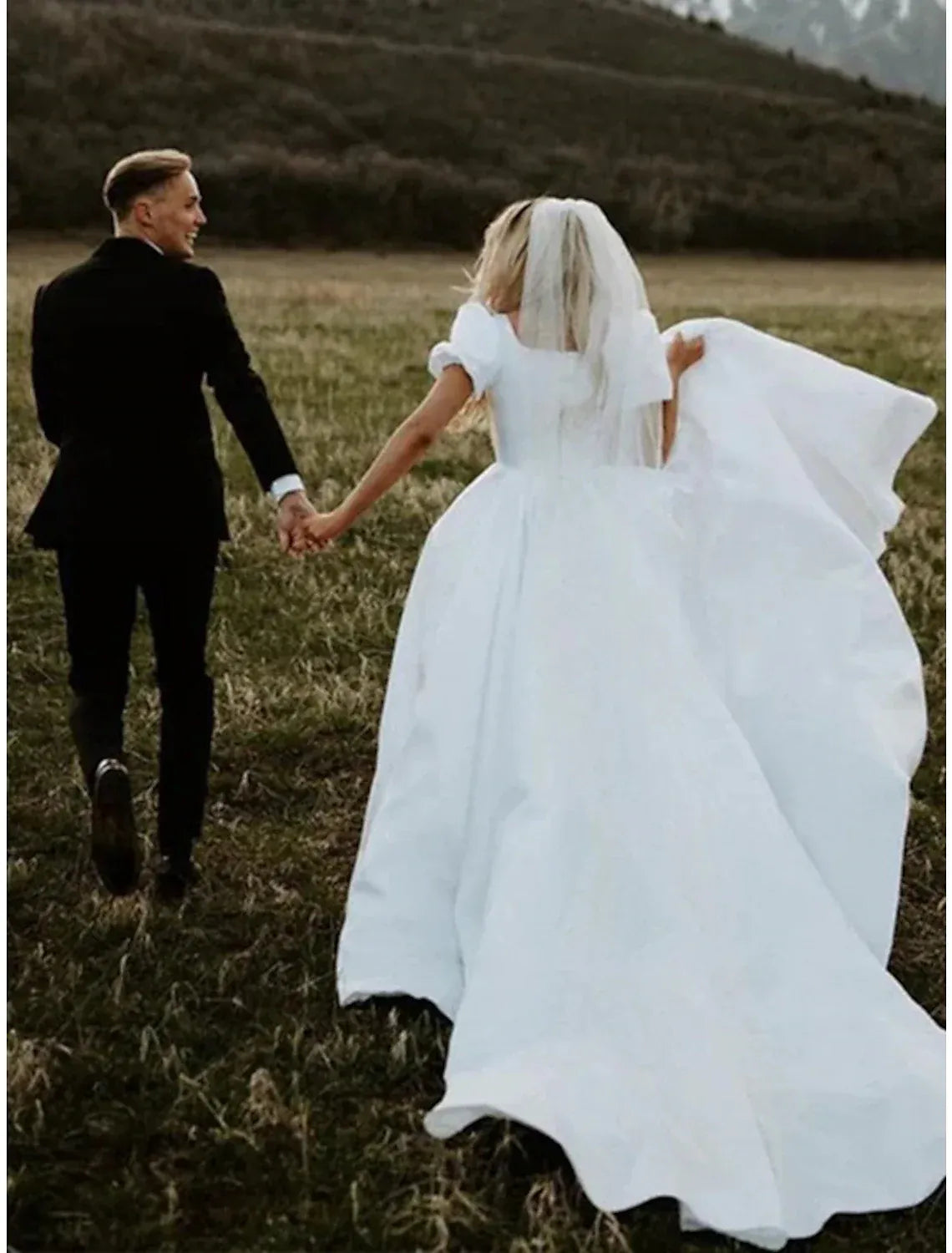 Classic A-Line Square Puff Short Sleeve Satin Floor Train Wedding Dress