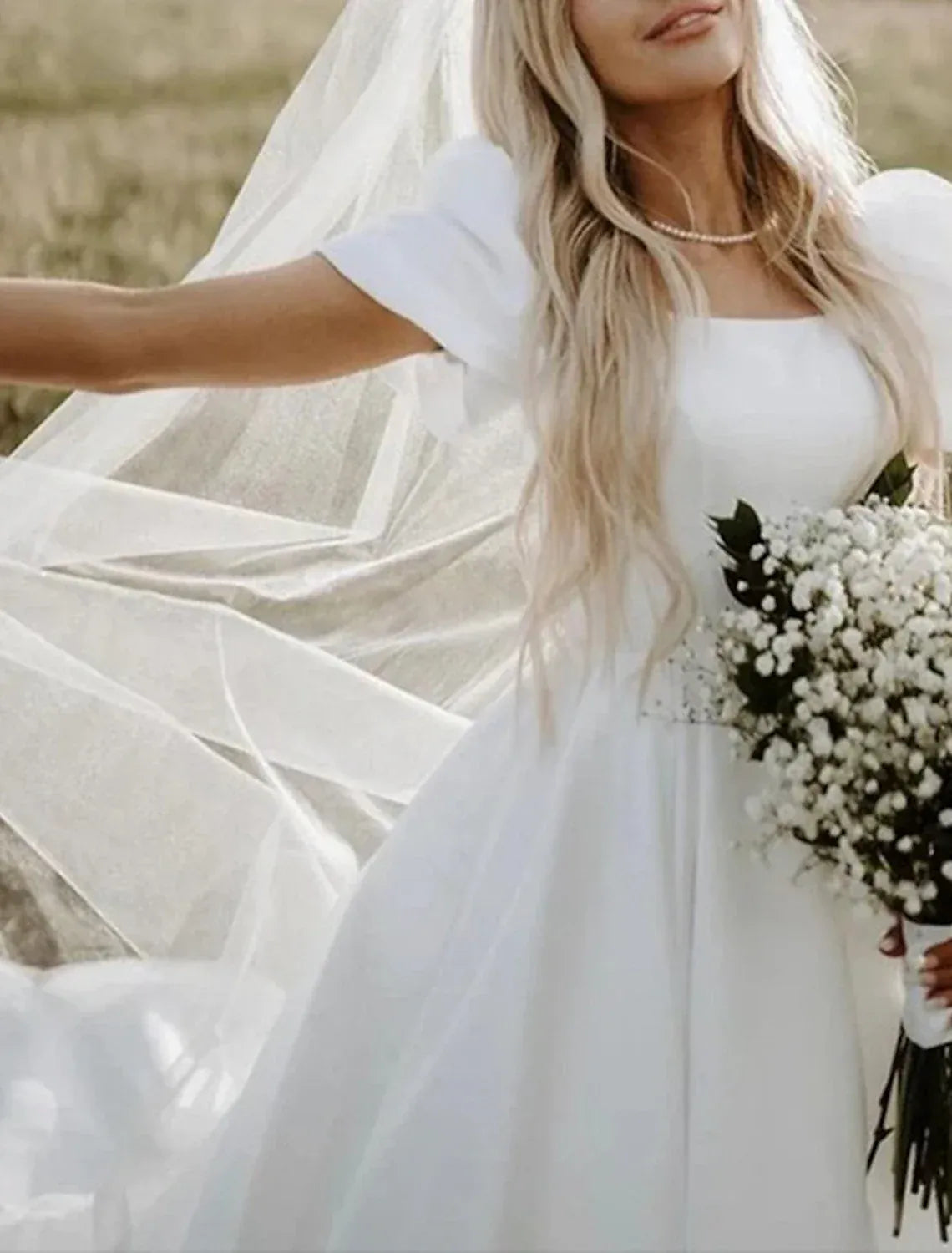 Classic A-Line Square Puff Short Sleeve Satin Floor Train Wedding Dress