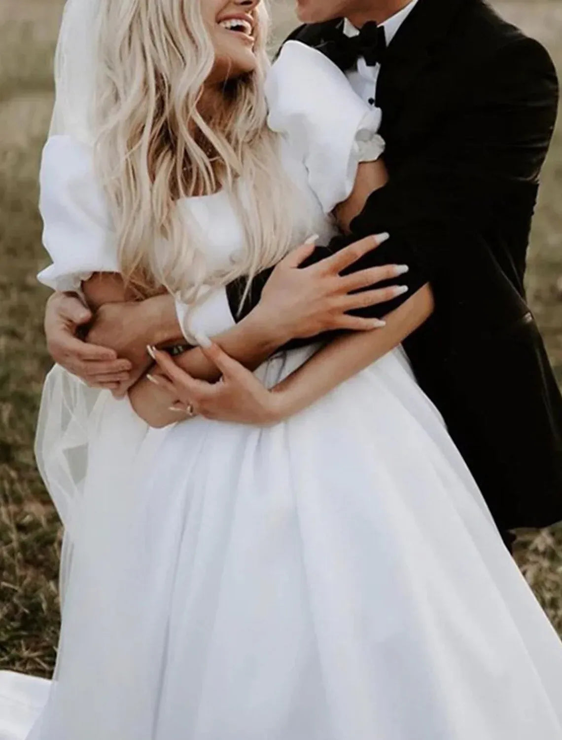 Classic A-Line Square Puff Short Sleeve Satin Floor Train Wedding Dress