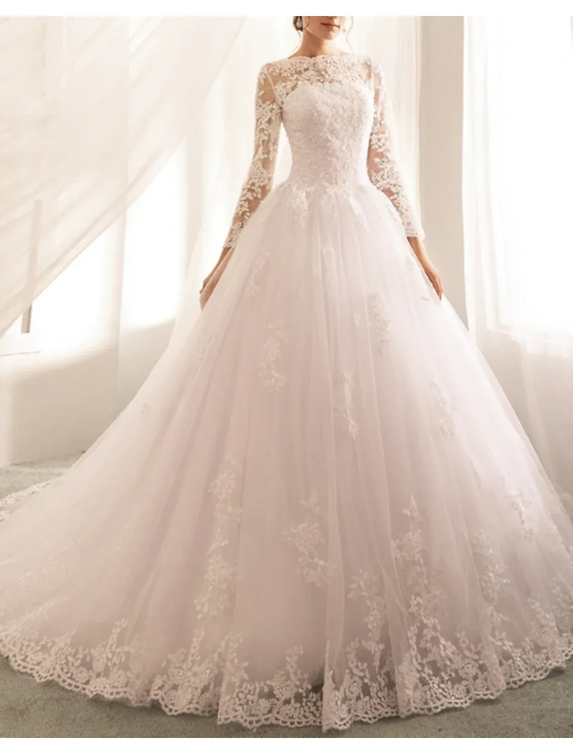 Classic Ballgown Boat Neck Long Sleeve Floral Lace Tulle Train Wedding Dress