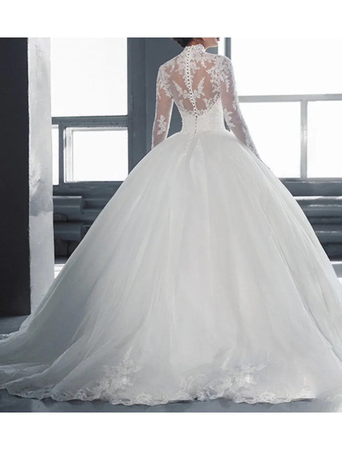Classic Ballgown High Neck Long Sleeve Floral Lace Tulle Pearl Back Train Wedding Dress