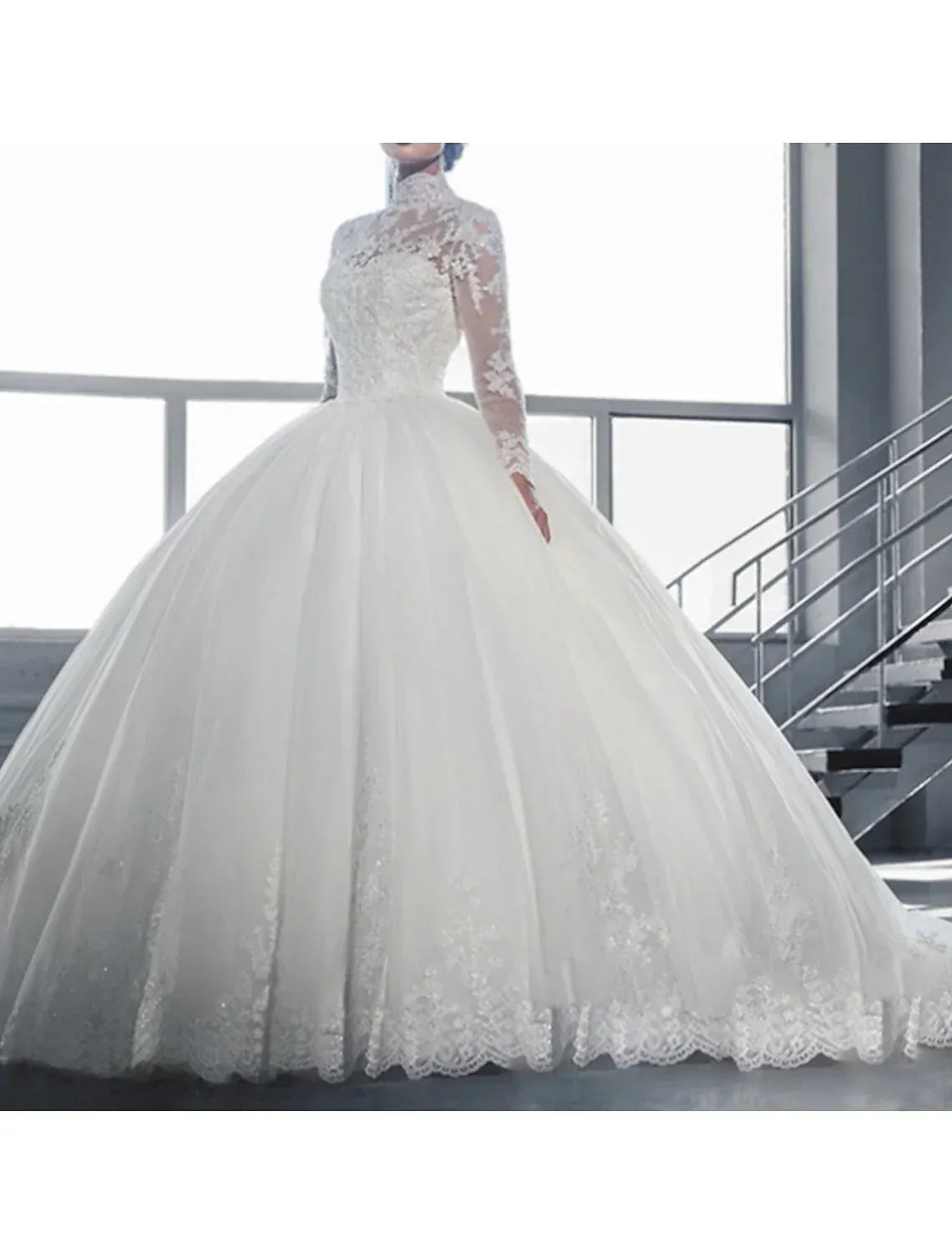 Classic Ballgown High Neck Long Sleeve Floral Lace Tulle Pearl Back Train Wedding Dress
