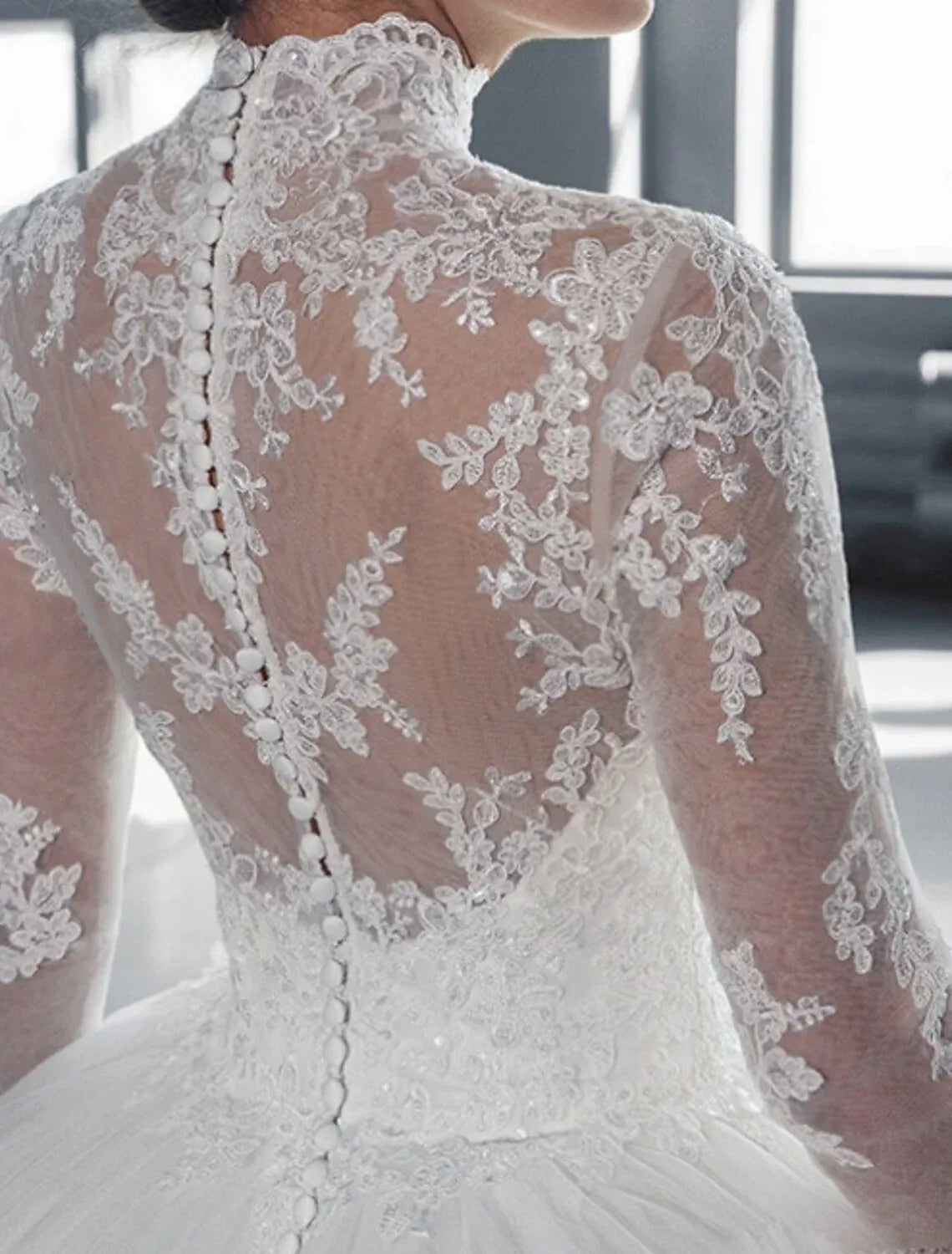 Classic Ballgown High Neck Long Sleeve Floral Lace Tulle Pearl Back Train Wedding Dress