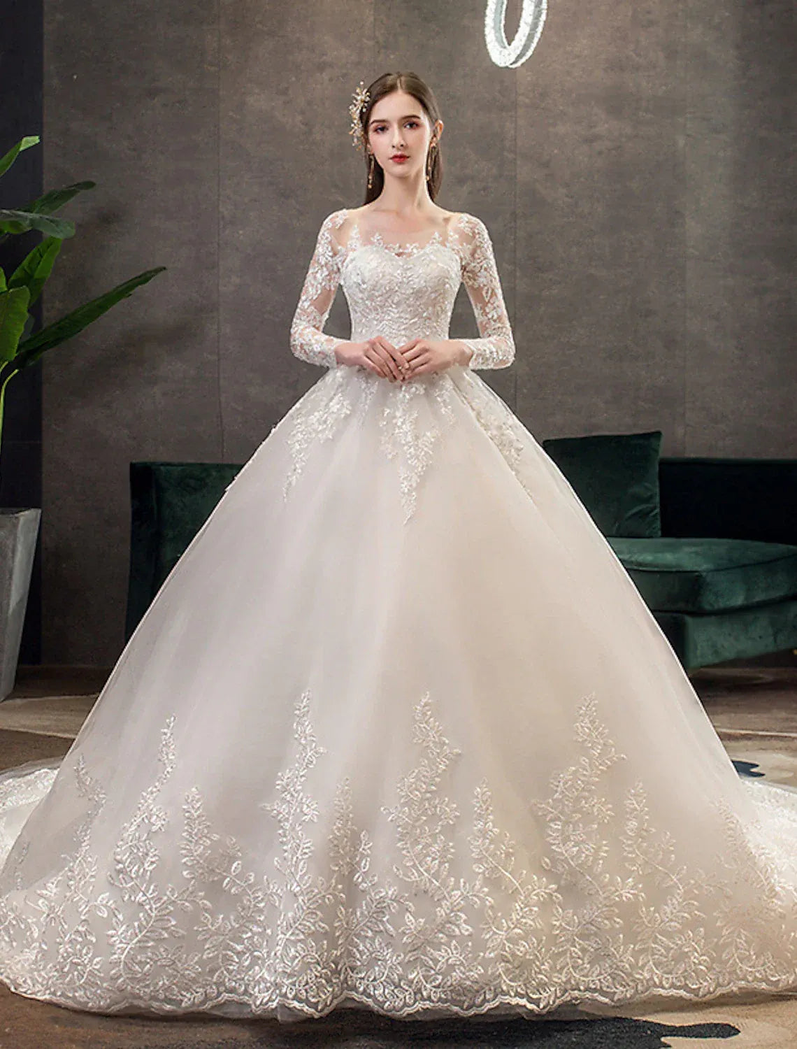 Classic Ballgown Illusion Sweetheart Long Lace Sleeve Lace-Up Back Cathedral Train Wedding Dress
