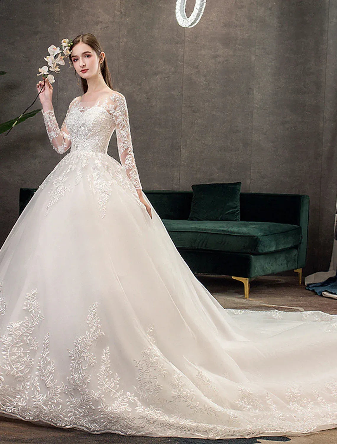 Classic Ballgown Illusion Sweetheart Long Lace Sleeve Lace-Up Back Cathedral Train Wedding Dress