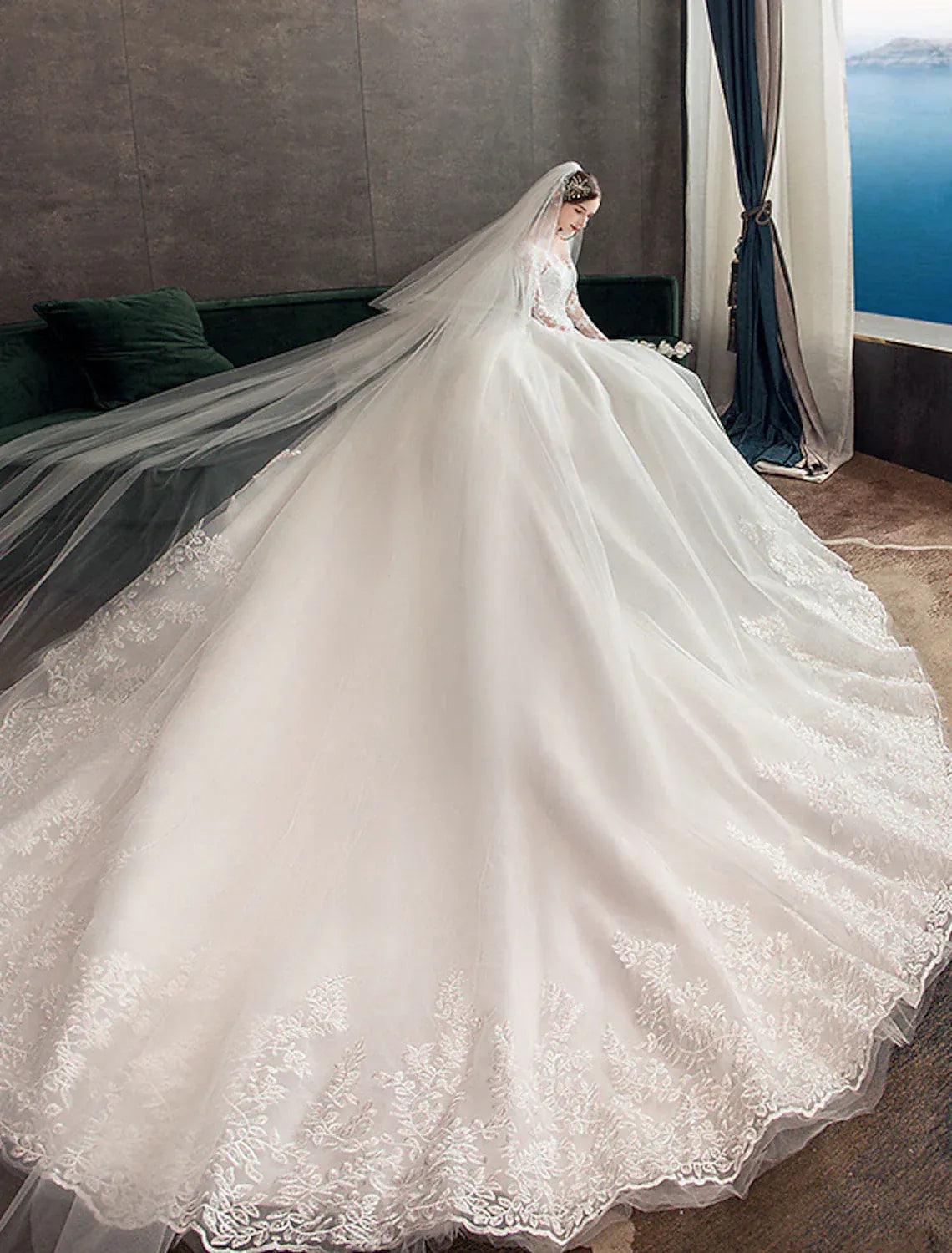 Classic Ballgown Illusion Sweetheart Long Lace Sleeve Lace-Up Back Cathedral Train Wedding Dress