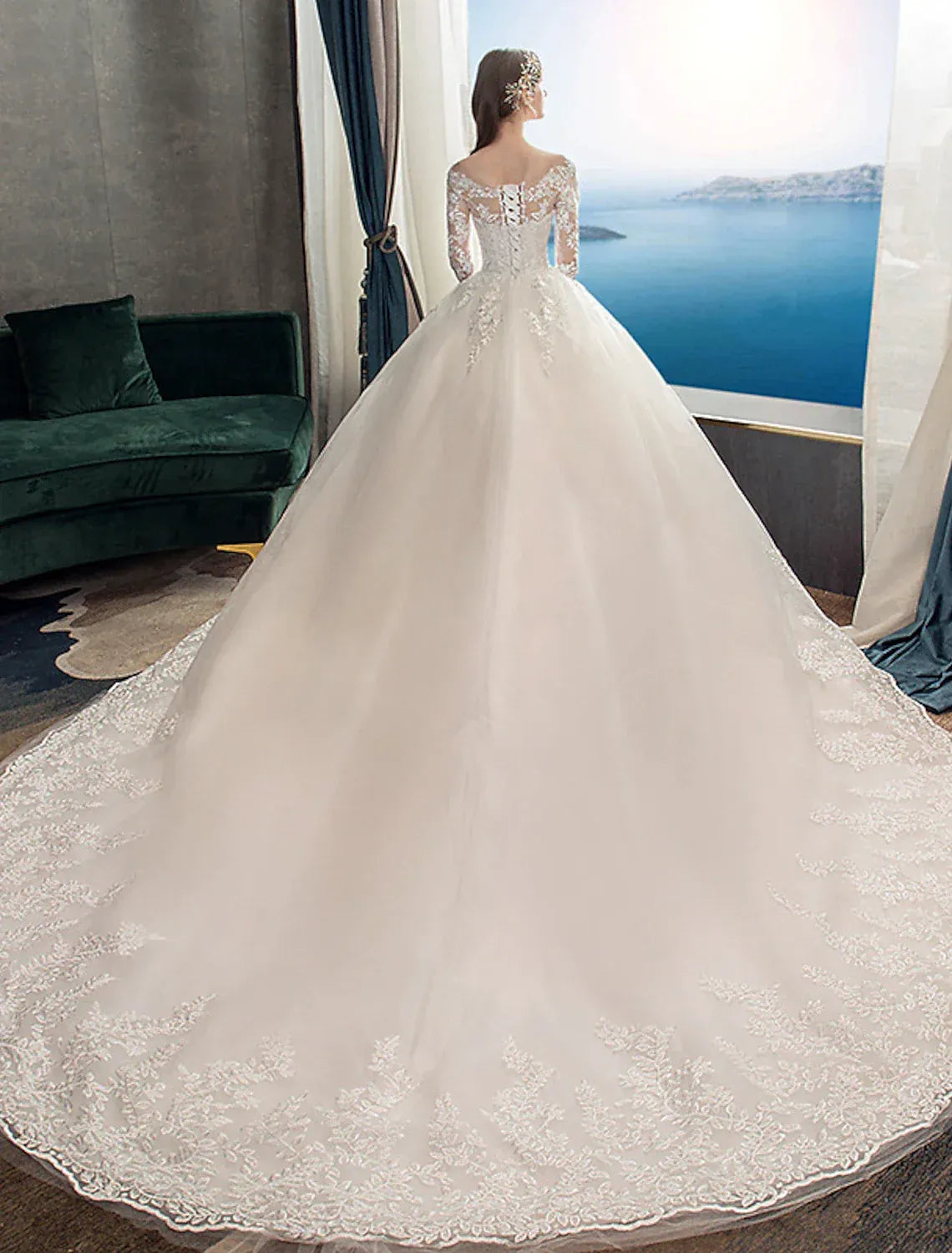 Classic Ballgown Illusion Sweetheart Long Lace Sleeve Lace-Up Back Cathedral Train Wedding Dress