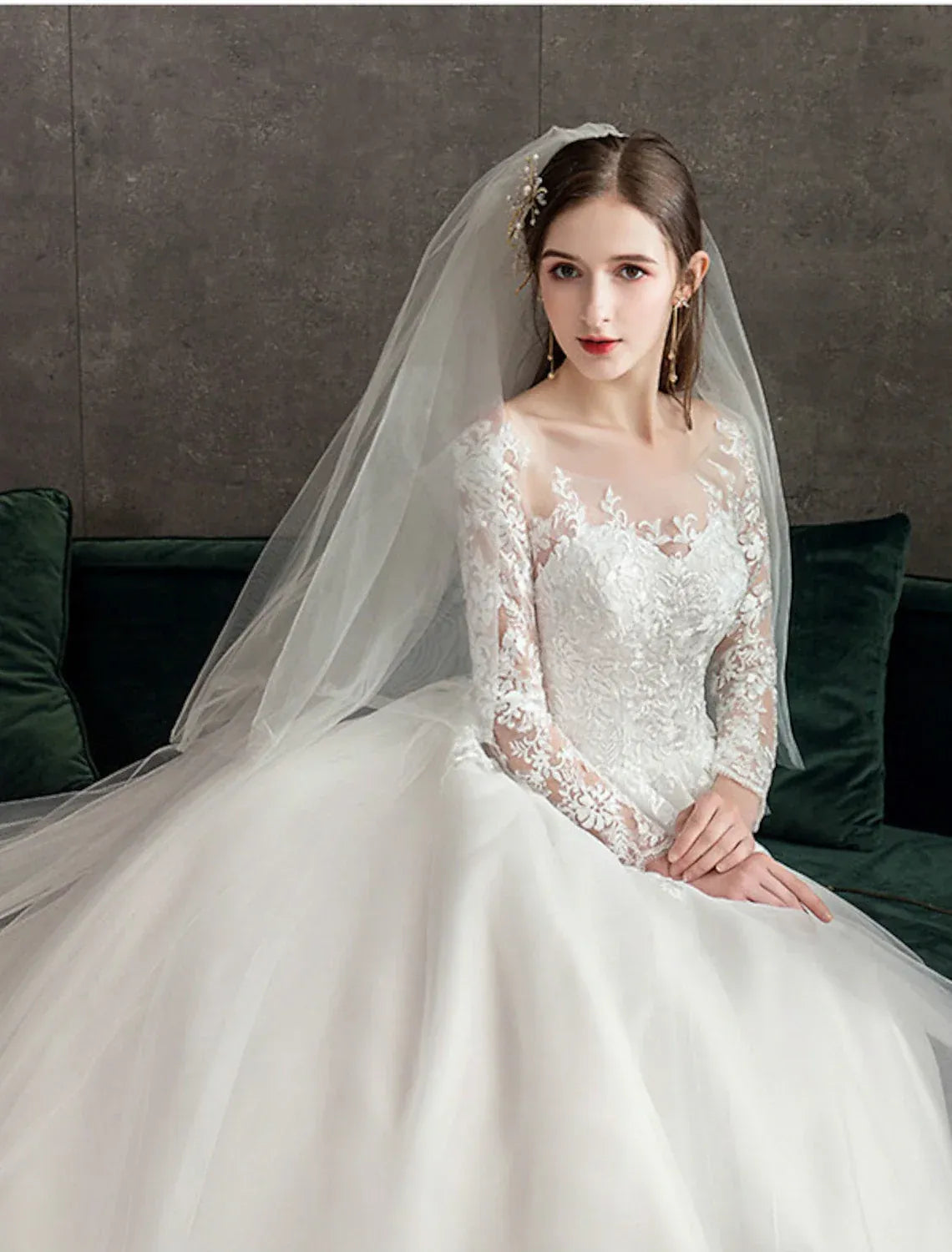 Classic Ballgown Illusion Sweetheart Long Lace Sleeve Lace-Up Back Cathedral Train Wedding Dress