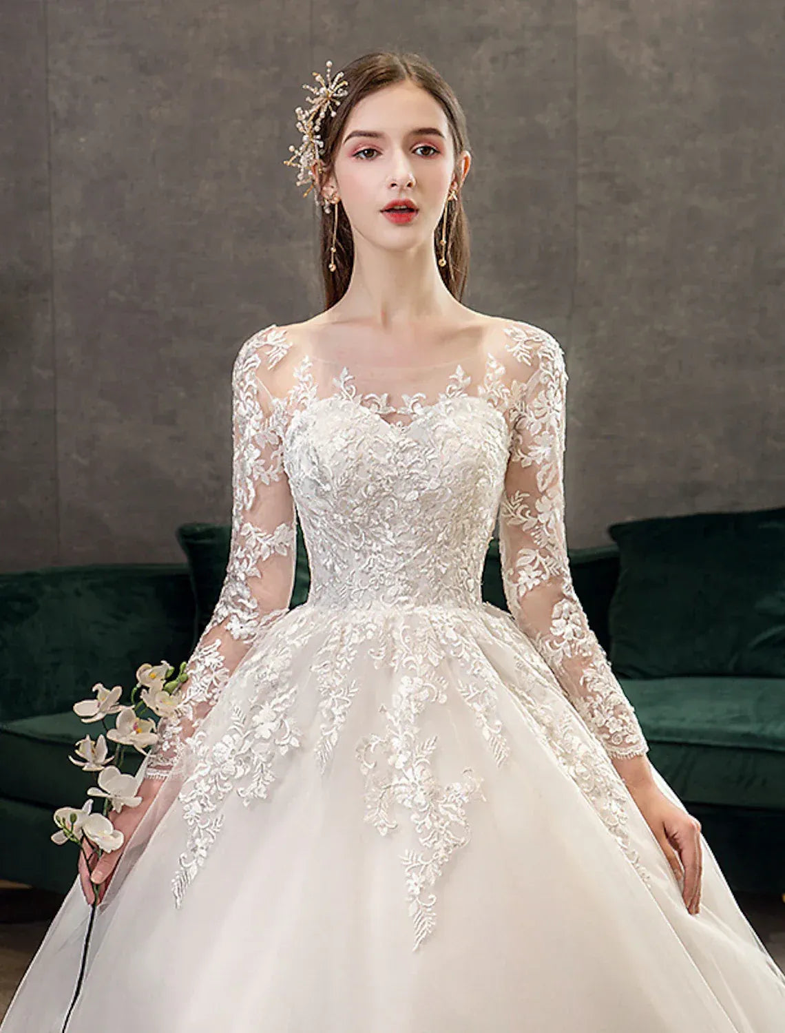 Classic Ballgown Illusion Sweetheart Long Lace Sleeve Lace-Up Back Cathedral Train Wedding Dress