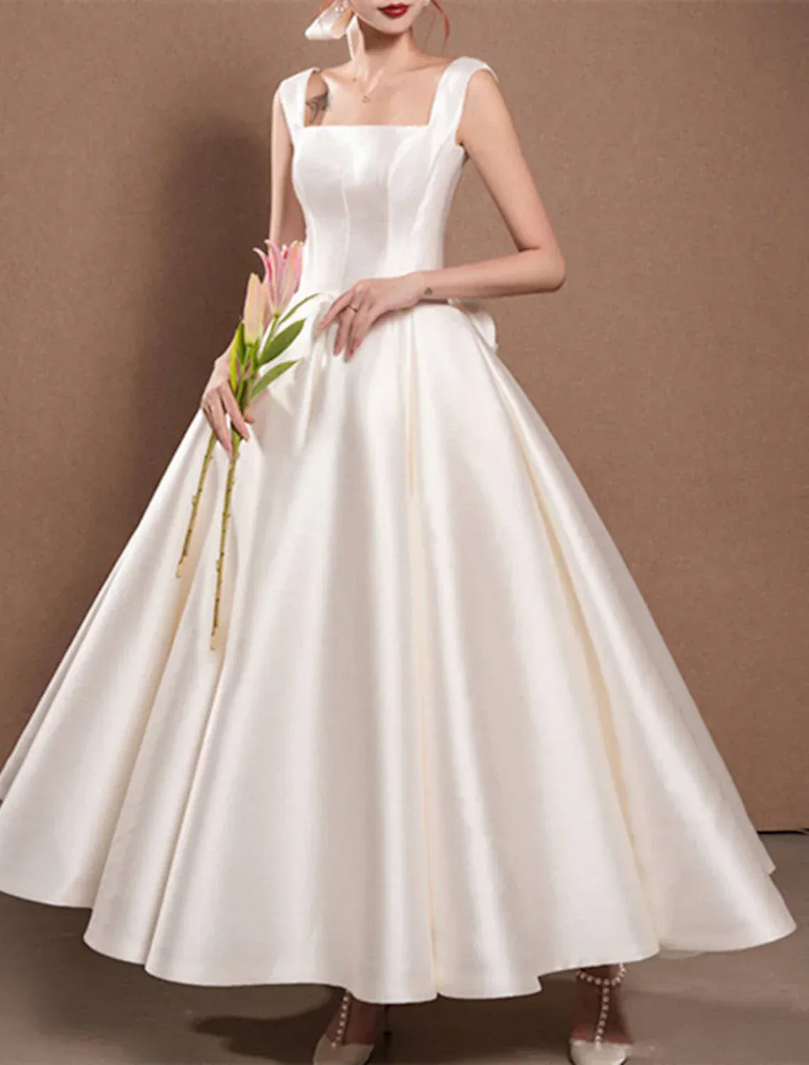 Classic Ballgown Square Neck Wide Strap Low Back Big Bow Tea Wedding Dress