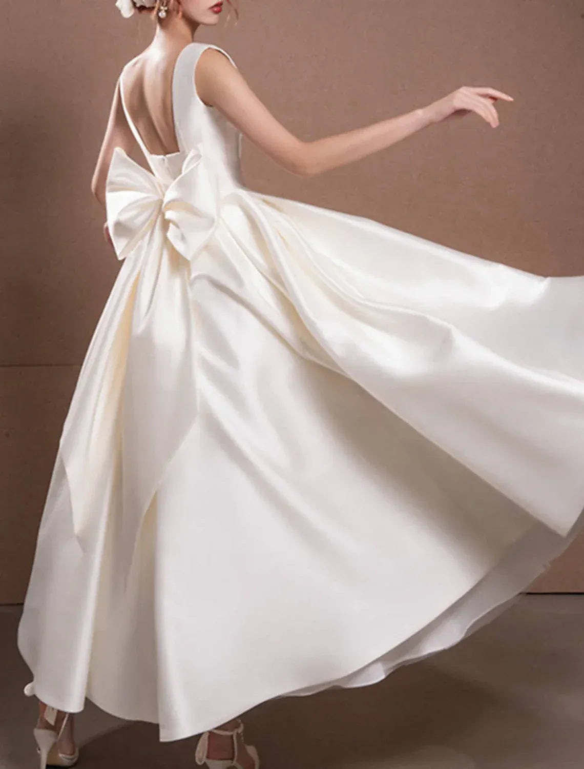 Classic Ballgown Square Neck Wide Strap Low Back Big Bow Tea Wedding Dress