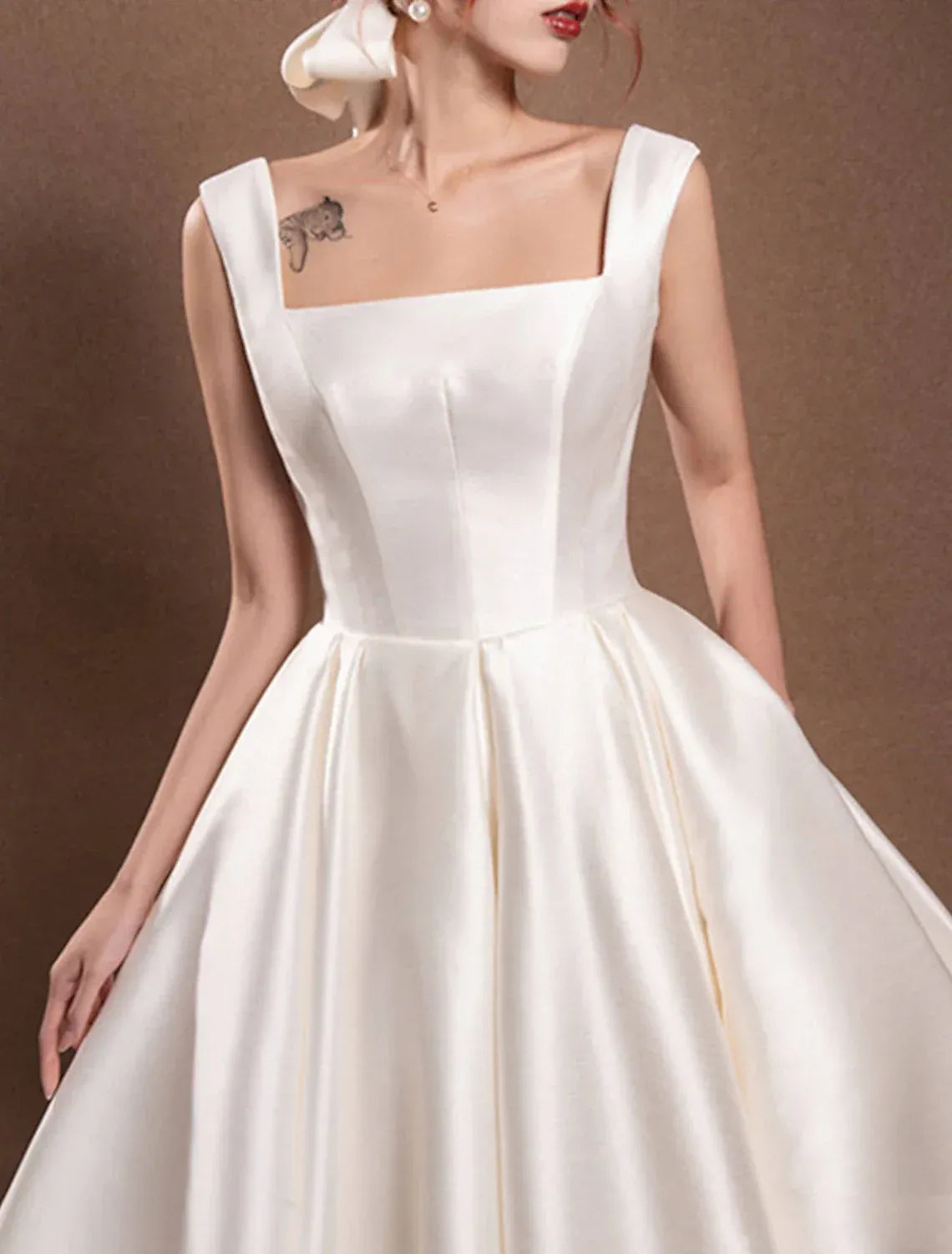 Classic Ballgown Square Neck Wide Strap Low Back Big Bow Tea Wedding Dress