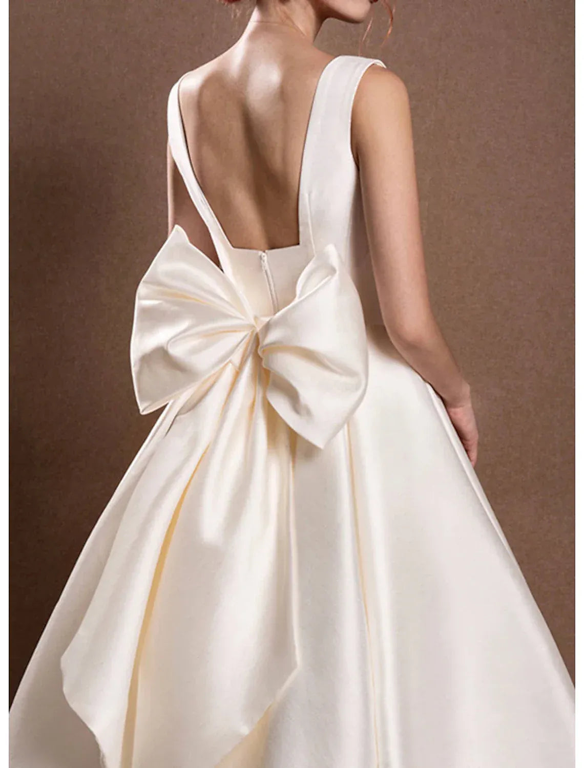 Classic Ballgown Square Neck Wide Strap Low Back Big Bow Tea Wedding Dress