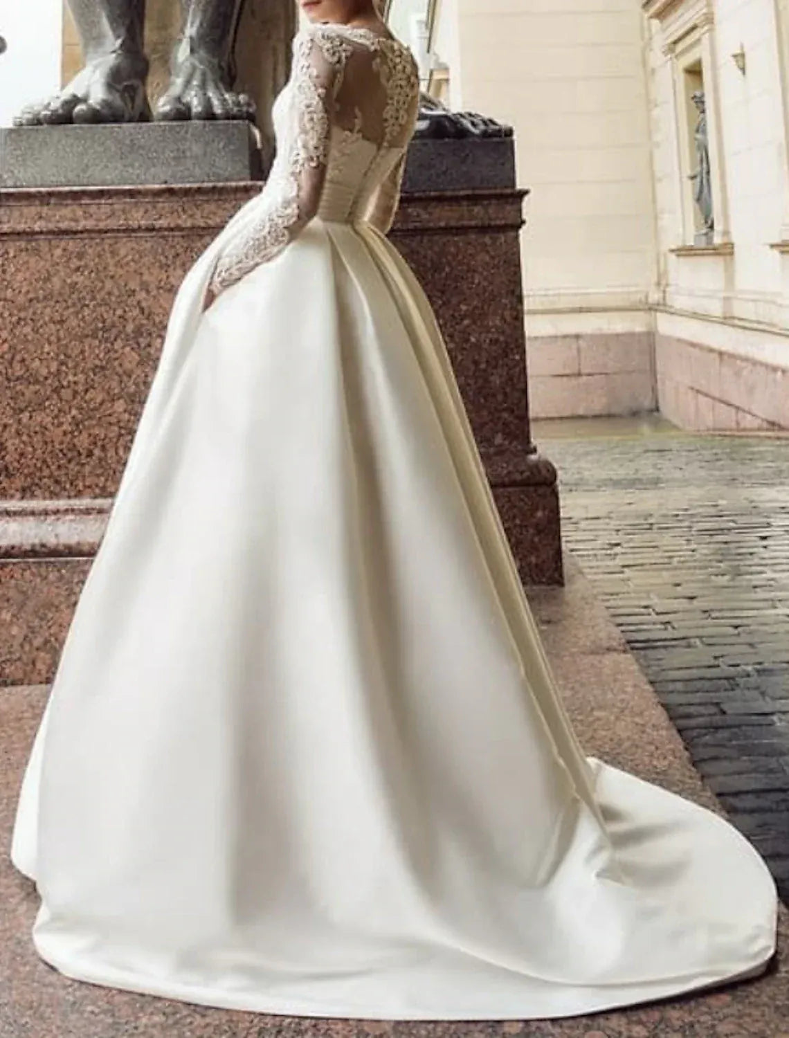 Classic Long Sleeve Illusion Lace High Neck Satin Ball Gown Wedding Dress With Side Pockets Court Train