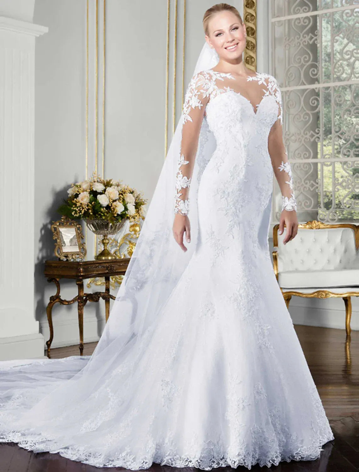 Classic Long Sleeve Illusion Lace Sweetheart Mermaid Wedding Dress With Sheer Back Pearl Button Chapel Train