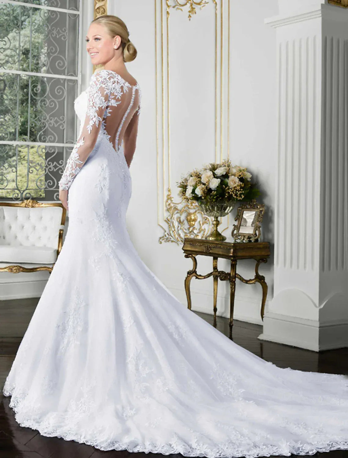 Classic Long Sleeve Illusion Lace Sweetheart Mermaid Wedding Dress With Sheer Back Pearl Button Chapel Train