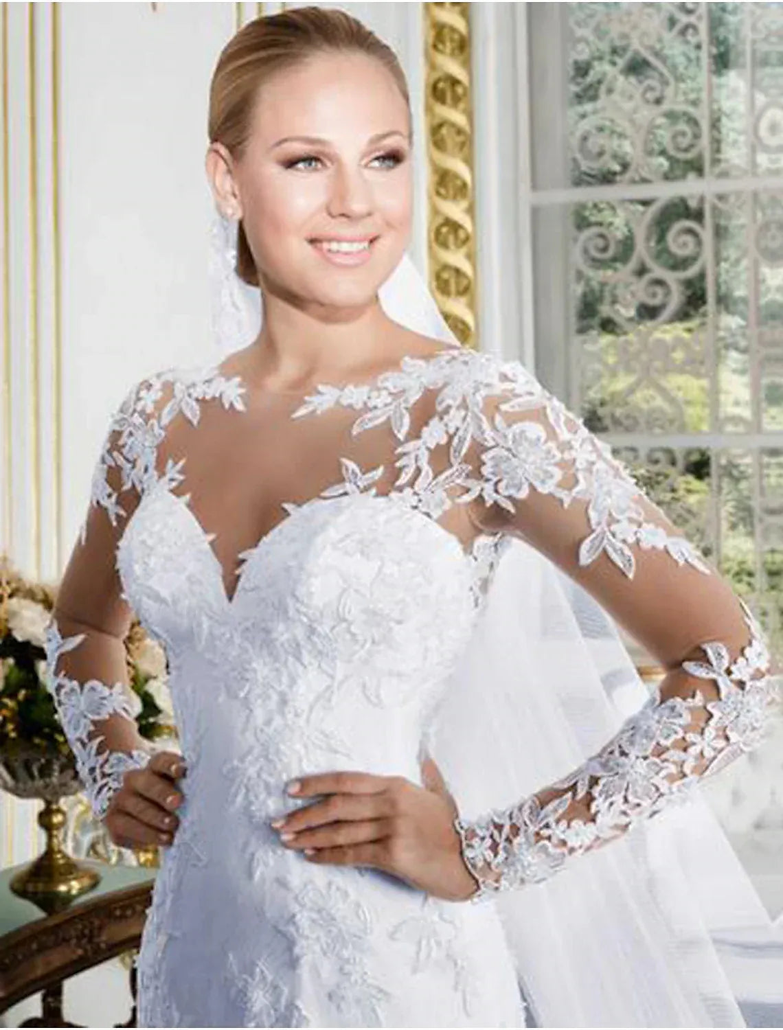 Classic Long Sleeve Illusion Lace Sweetheart Mermaid Wedding Dress With Sheer Back Pearl Button Chapel Train