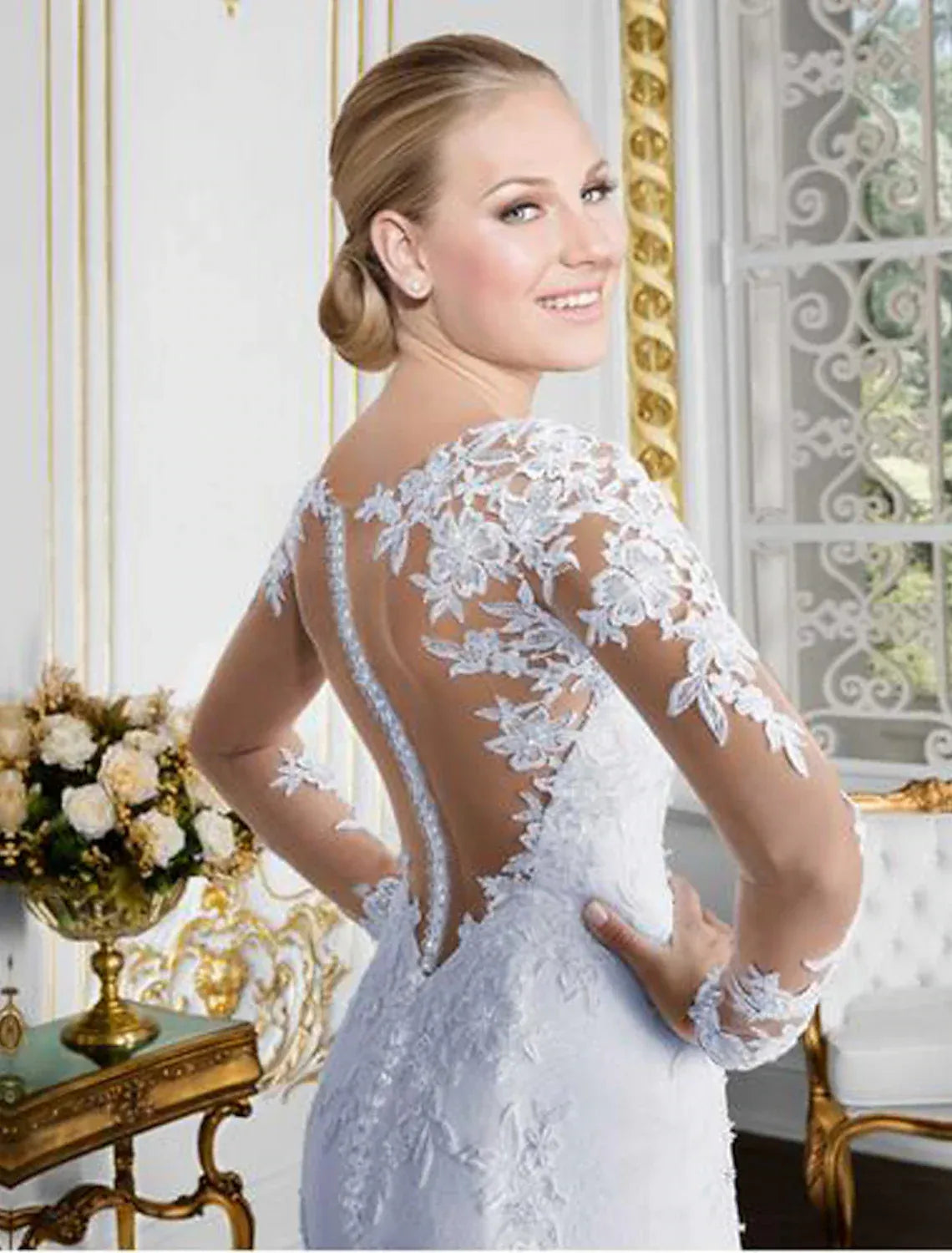 Classic Long Sleeve Illusion Lace Sweetheart Mermaid Wedding Dress With Sheer Back Pearl Button Chapel Train