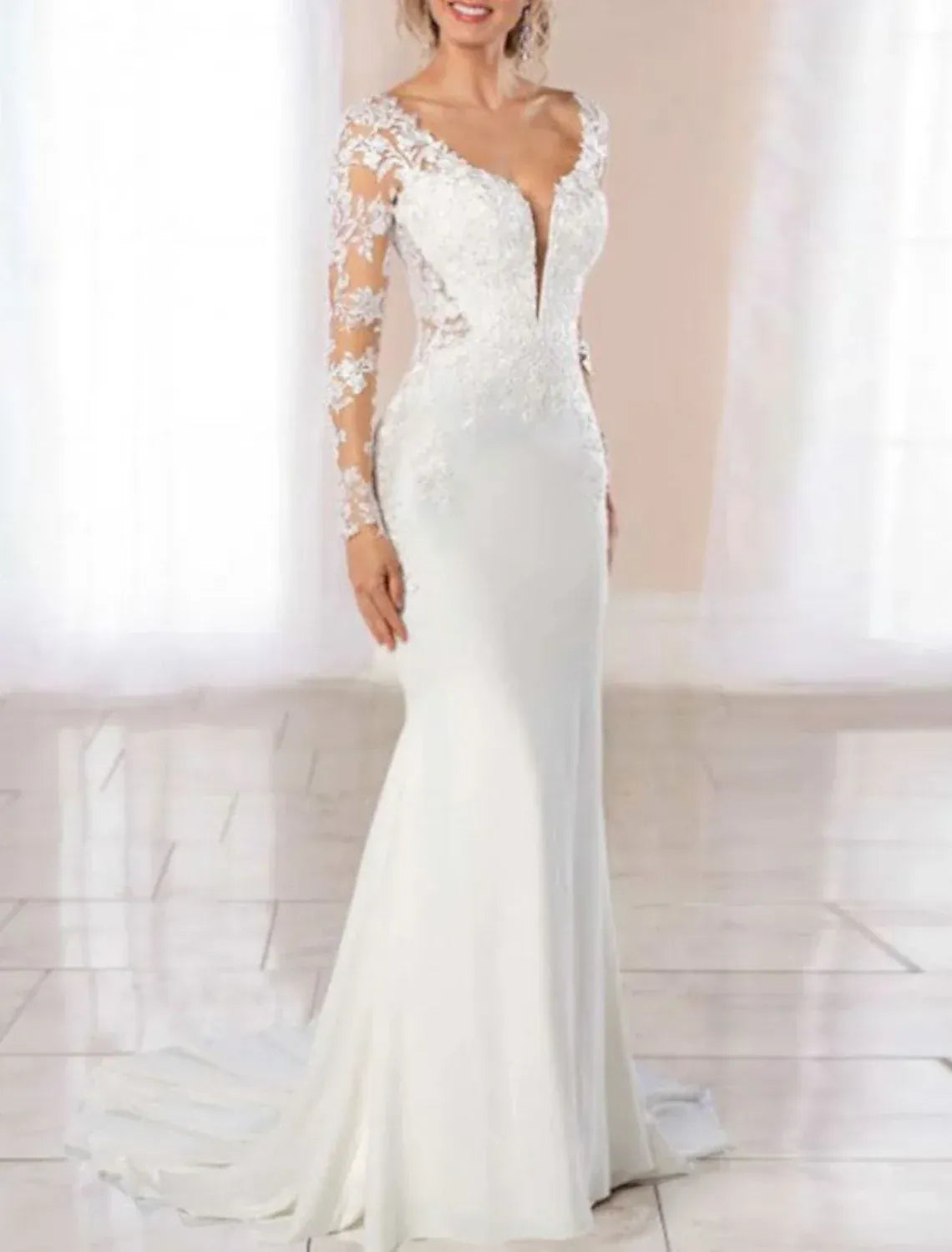 Classic Mermaid Illusion V Long Lace Sleeve Low Back Pearl Button Crepe Wedding Dress
