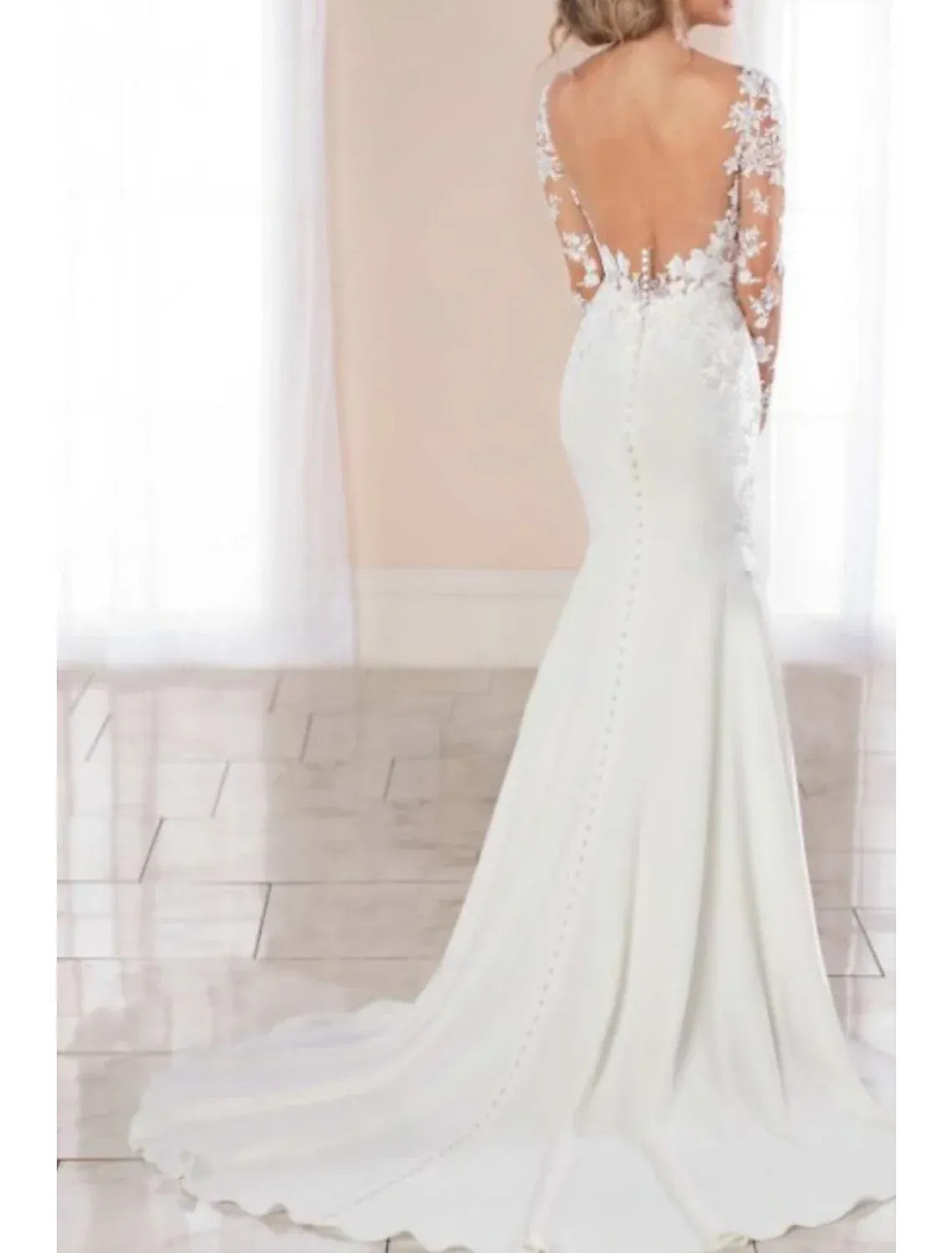 Classic Mermaid Illusion V Long Lace Sleeve Low Back Pearl Button Crepe Wedding Dress