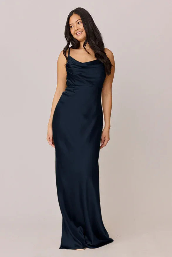 Classic Navy Cowl Neck Spaghetti Strap Open Back High Slit Mermaid Satin Bridesmaid Dress