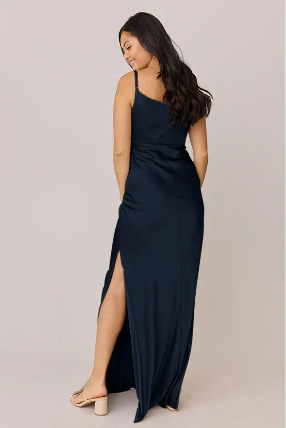 Classic Navy Cowl Neck Spaghetti Strap Open Back High Slit Mermaid Satin Bridesmaid Dress