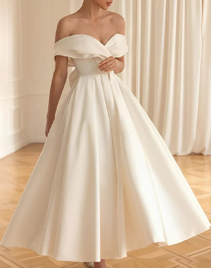Classic Tea-Length A-Line Off-Shoulder Sleeveless Bow-Back Midi-Length Wedding Dresses For Civil Wedding