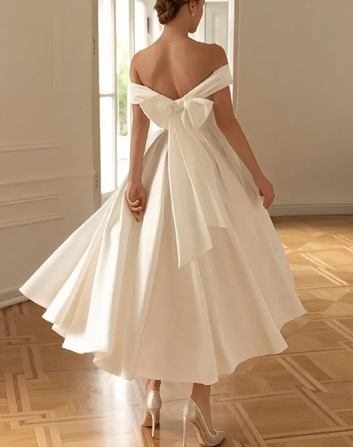 Classic Tea-Length A-Line Off-Shoulder Sleeveless Bow-Back Midi-Length Wedding Dresses For Civil Wedding
