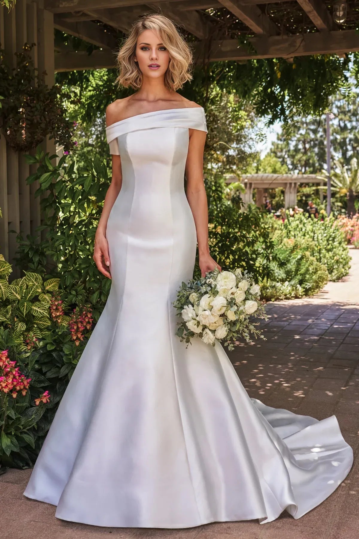 Classic Off‑Shoulder Mermaid Satin Low Back Floor Garden Wedding Dress