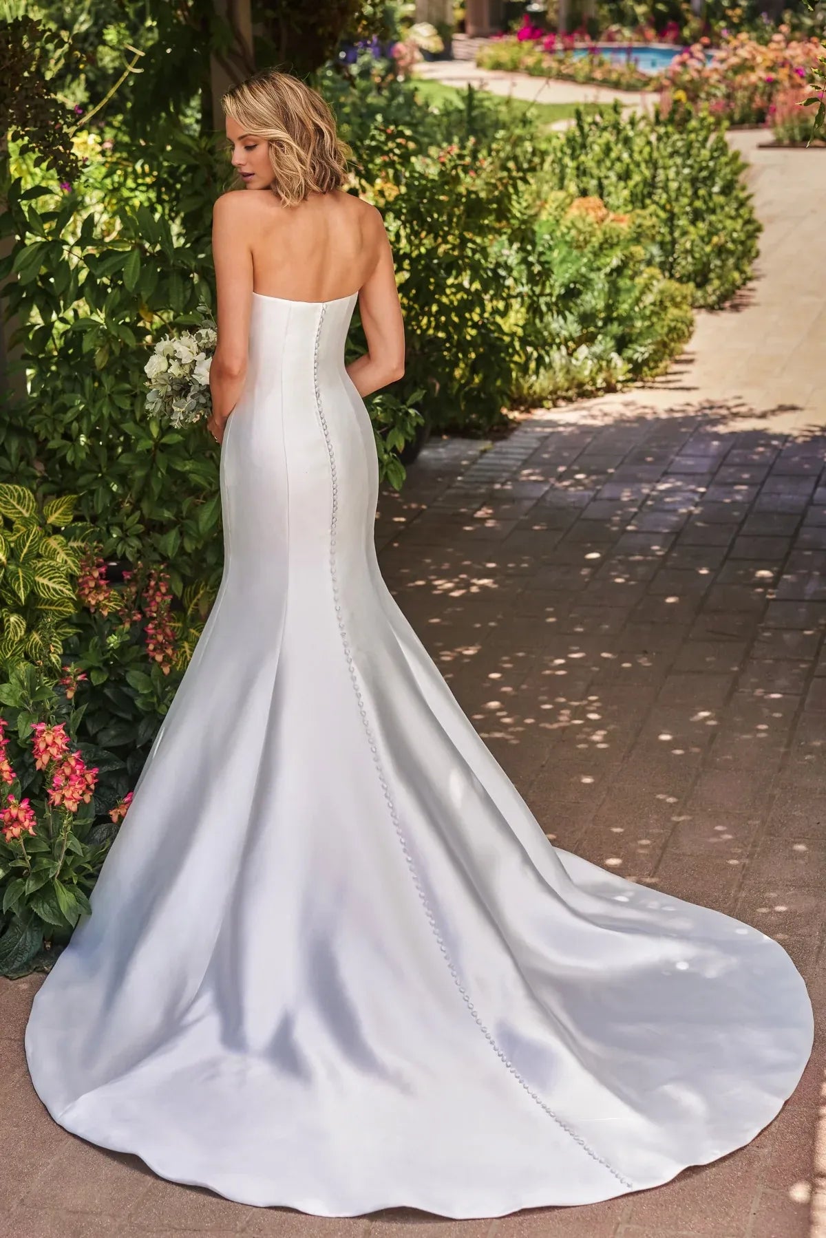 Classic Off‑Shoulder Mermaid Satin Low Back Floor Garden Wedding Dress