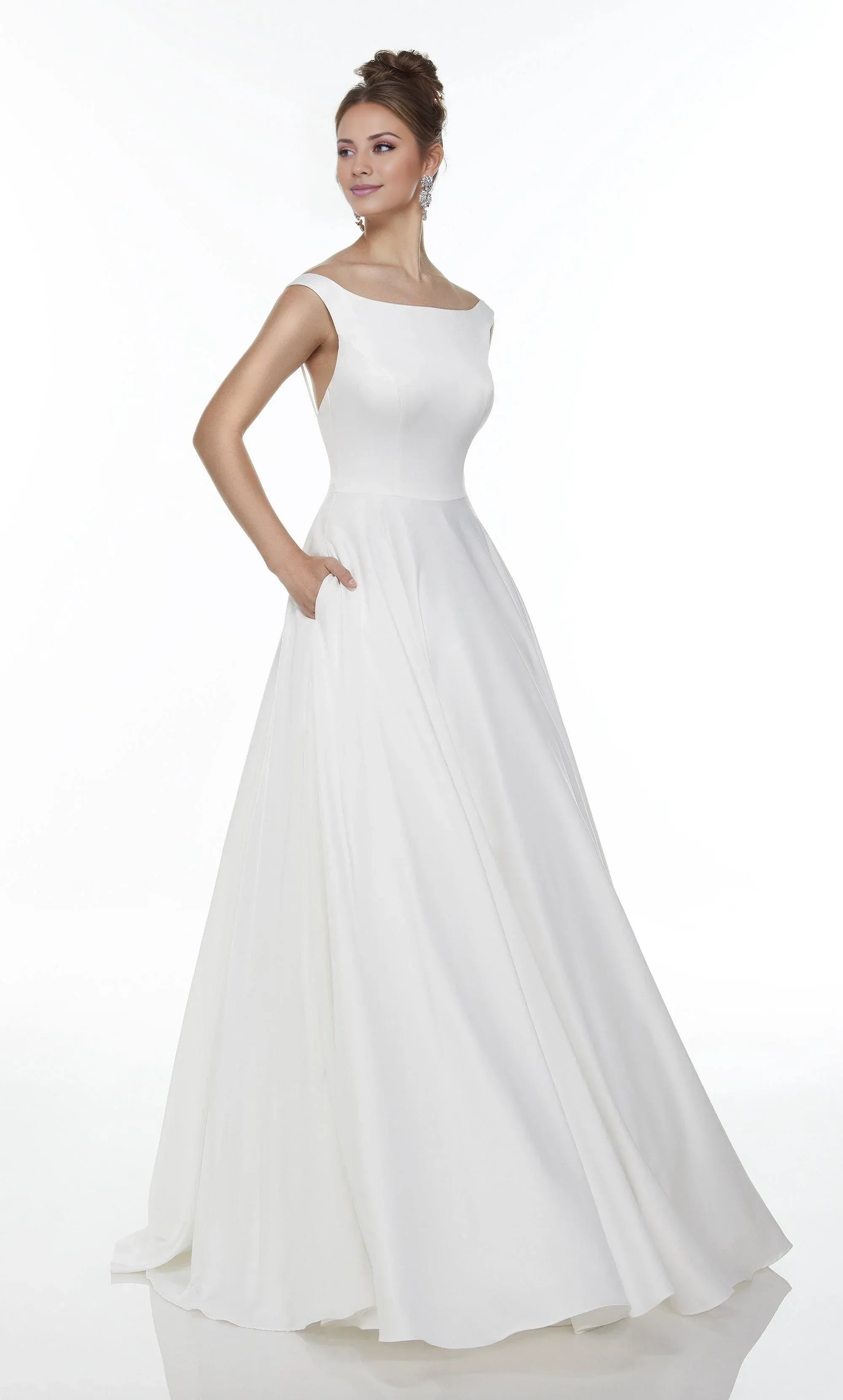 Classic Off‑The‑Shoulder Crepe A‑Line Pockets Double‑Strap‑Back Pearl‑Button Wedding Dress