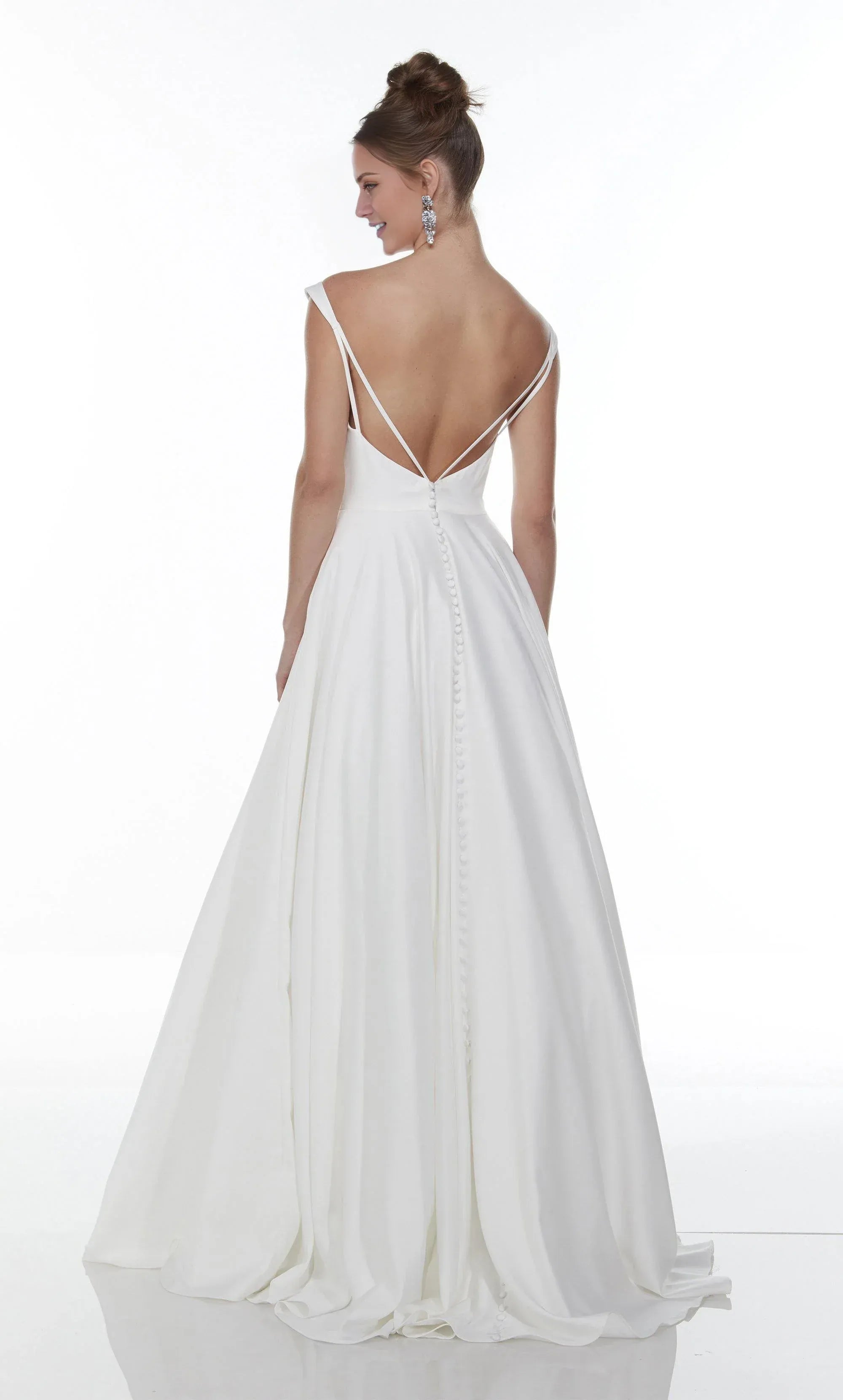 Classic Off‑The‑Shoulder Crepe A‑Line Pockets Double‑Strap‑Back Pearl‑Button Wedding Dress