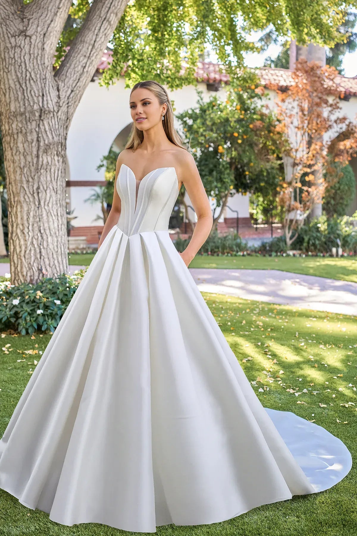 Classic Strapless Plunge Satin A‑Line Low Back Pearl Train Pocket Garden Wedding Dress