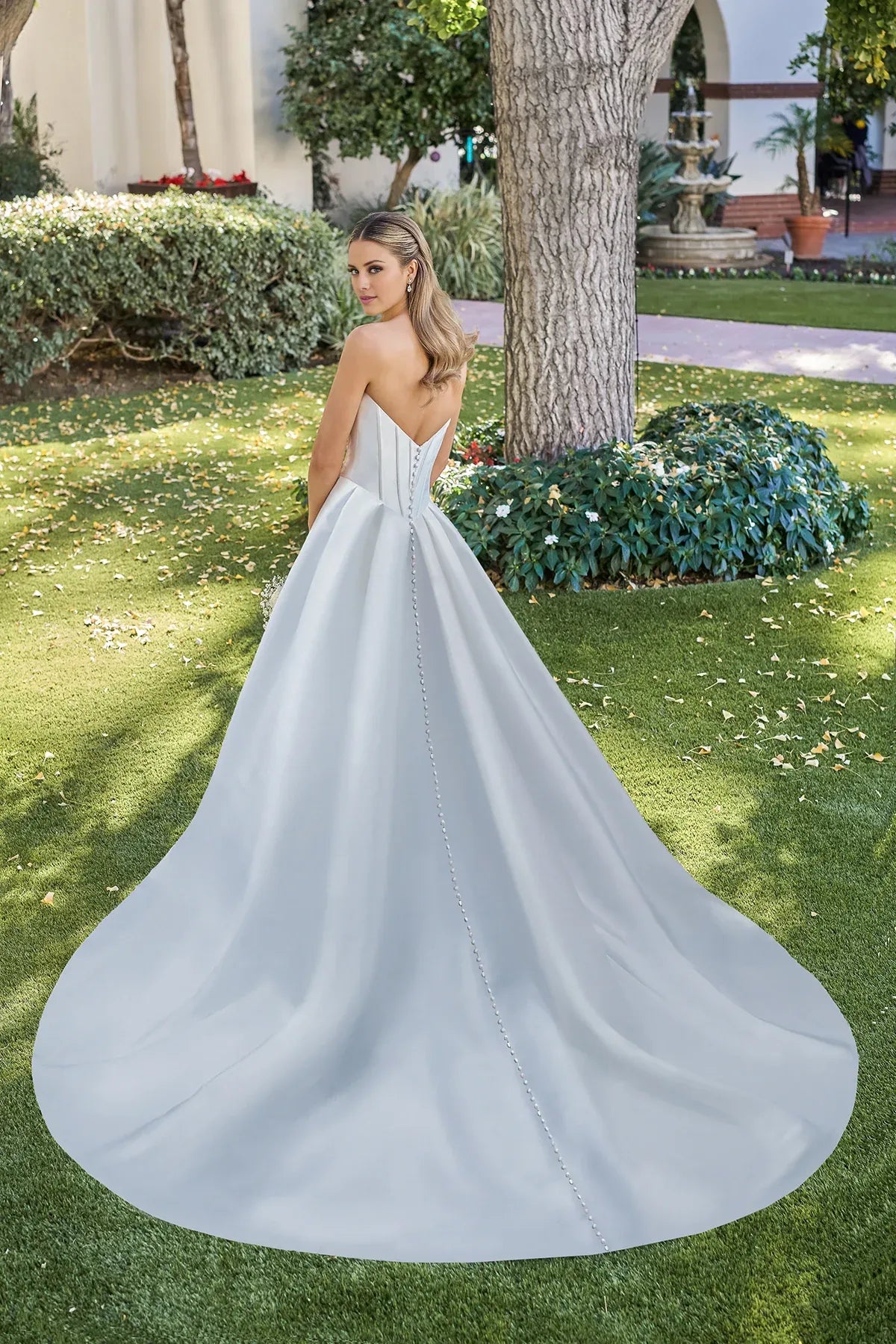 Classic Strapless Plunge Satin A‑Line Low Back Pearl Train Pocket Garden Wedding Dress
