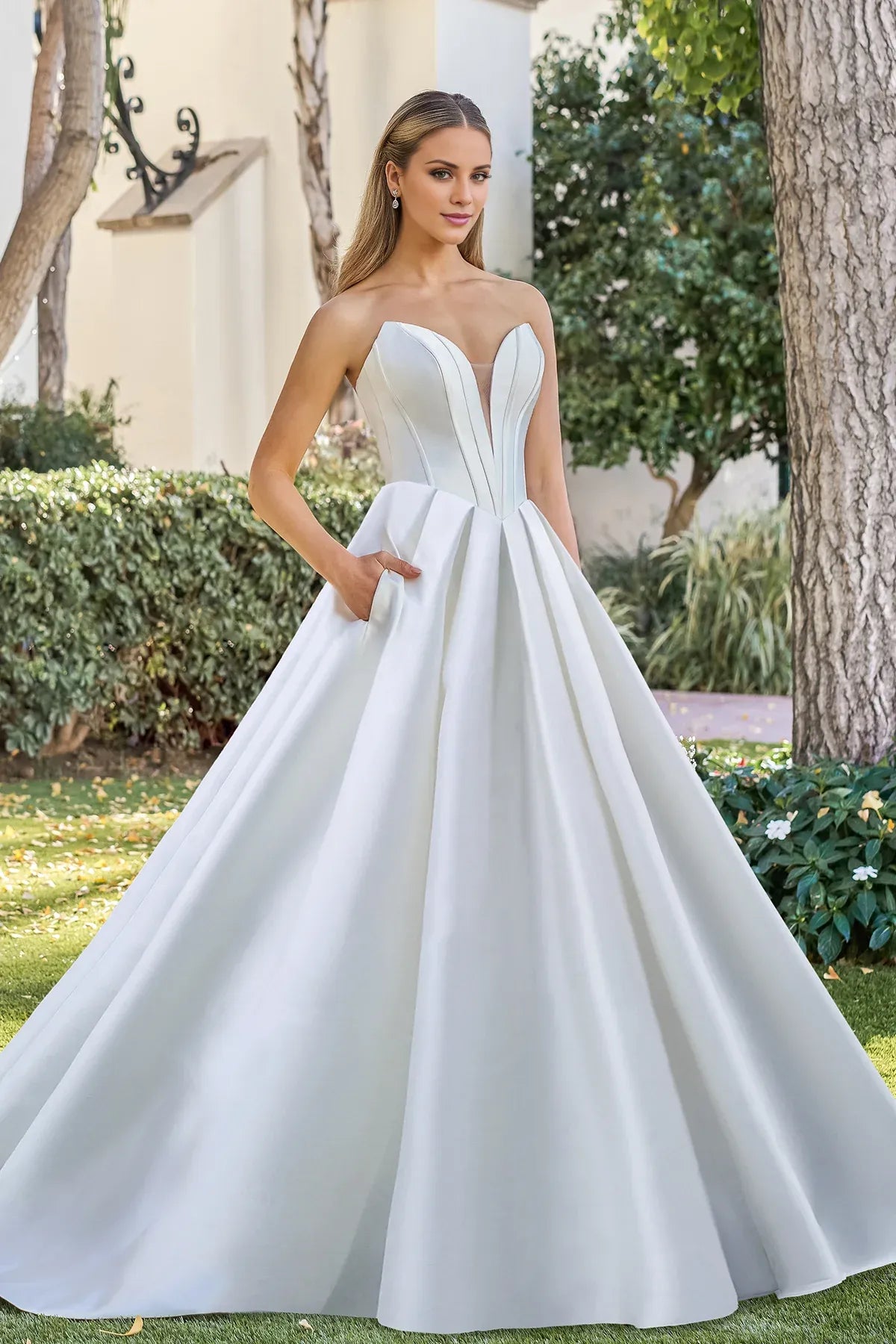 Classic Strapless Plunge Satin A‑Line Low Back Pearl Train Pocket Garden Wedding Dress