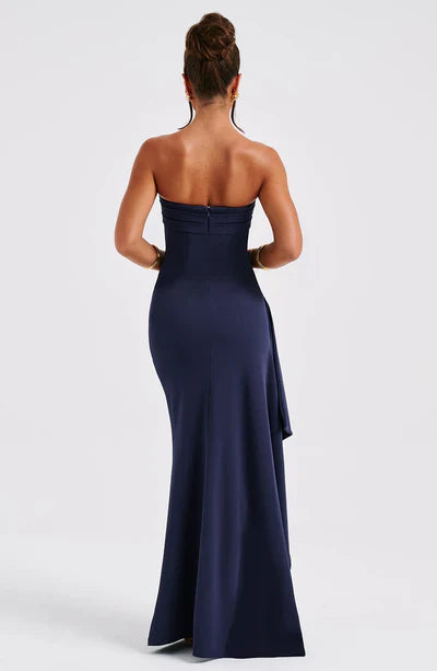 Classic maxi dress perfect fit off the shoulder neckline pleated slit drape Navy bridesmaid dress