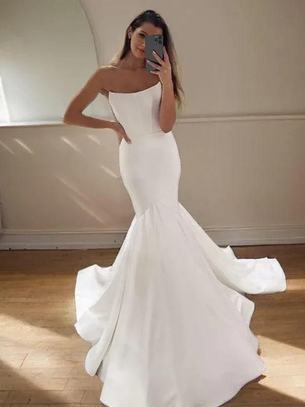 Clean Straight Neck Strapless Satin Mermaid Floor-Length Wedding Dress